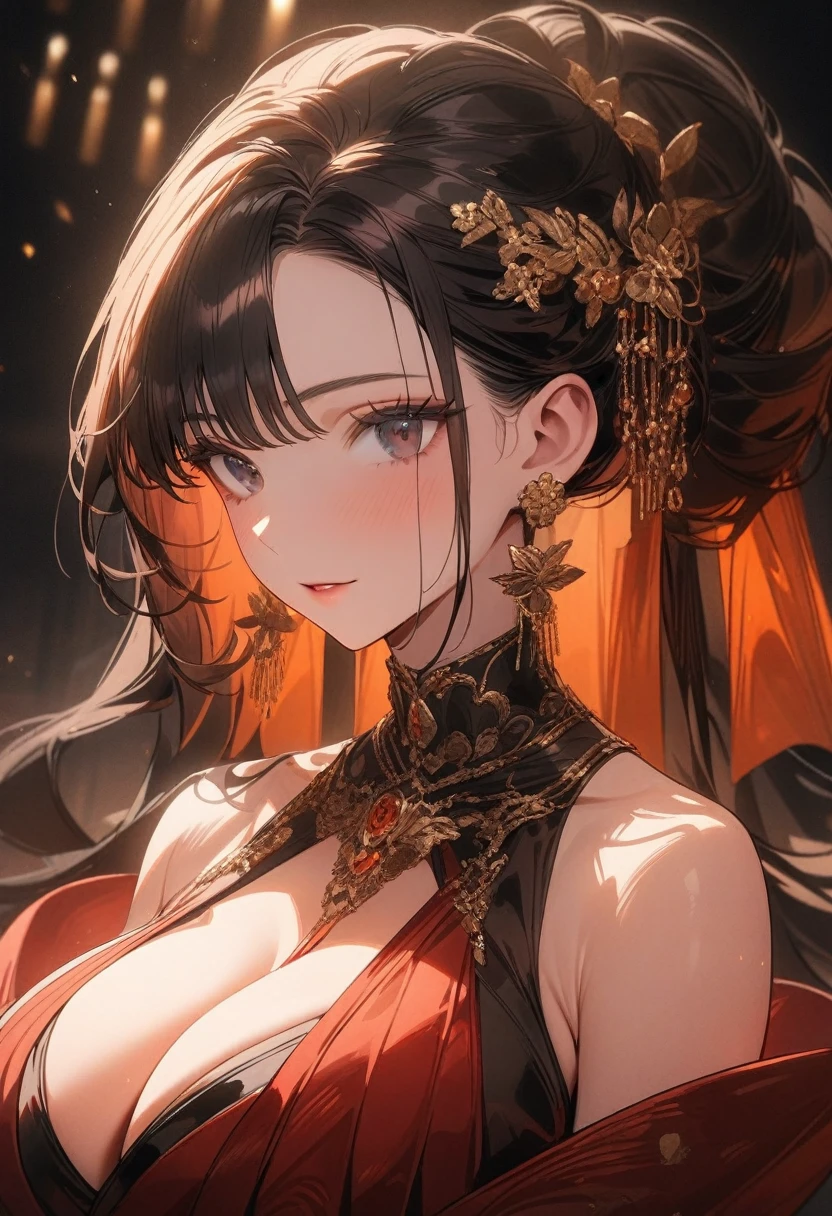 a mature woman with long black hair in an updo, wearing a red hanfu that shows her cleavage and shoulders, with beautiful black eyes, (best quality,4k,8k,highres,masterpiece:1.2),ultra-detailed,portrait,high fashion,dramatic lighting,intricate details,warm colors,cinematic, huge breasts