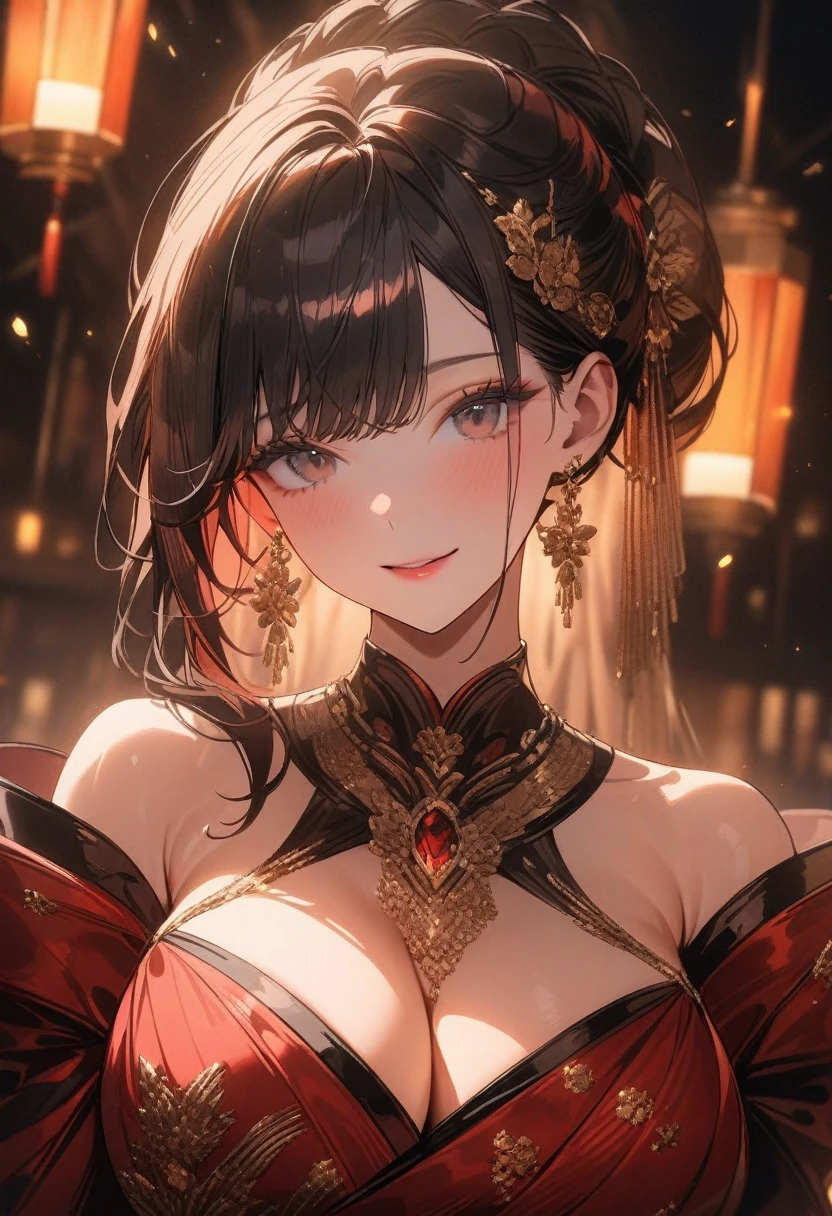 a mature woman with long black hair in an updo, wearing a red hanfu that shows her cleavage and shoulders, with beautiful black eyes, (best quality,4k,8k,highres,masterpiece:1.2),ultra-detailed,portrait,high fashion,dramatic lighting,intricate details,warm colors,cinematic, huge breasts