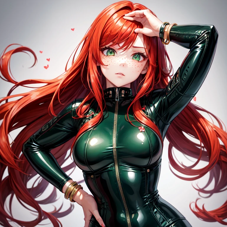 1girl, solo, red hair in loose waves, green eyes, heart-shaped face, freckles, latex clothing, degrading look, charm bracelet, delicate jewelry, neutral background, relaxed and casual, femdom, dominarix, looking down, findom