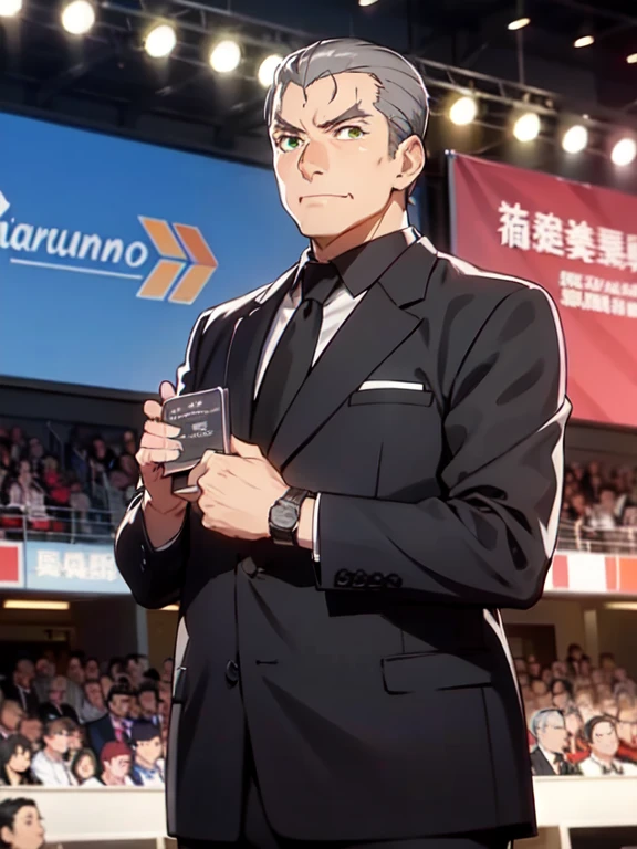 (Award-Winning Moment), (Oishikuraudo), fat, plump, old, wristwatch, grey hair, hair slicked back, green eyes, 1 boy, (Award Ceremony), move, Award Announcement, audience, applause, tuxedo, ((Platinum Trophy)), (背景にaudience)