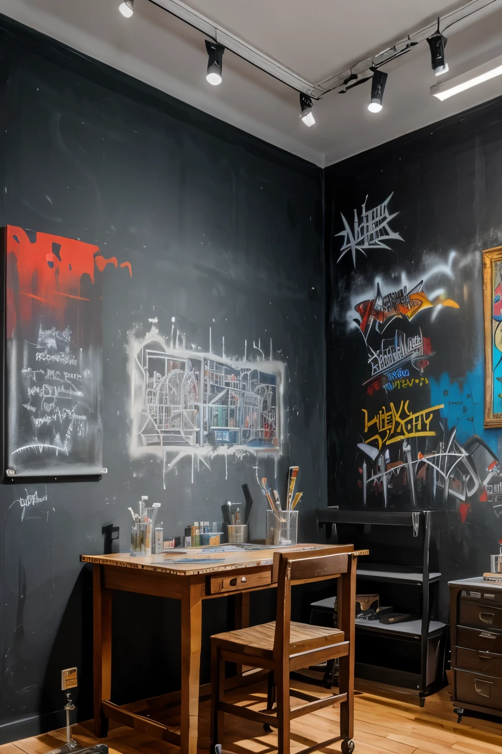 A creative studio room with a large canvas of a gothic painting, with a chemist table, and a graffiti wall art