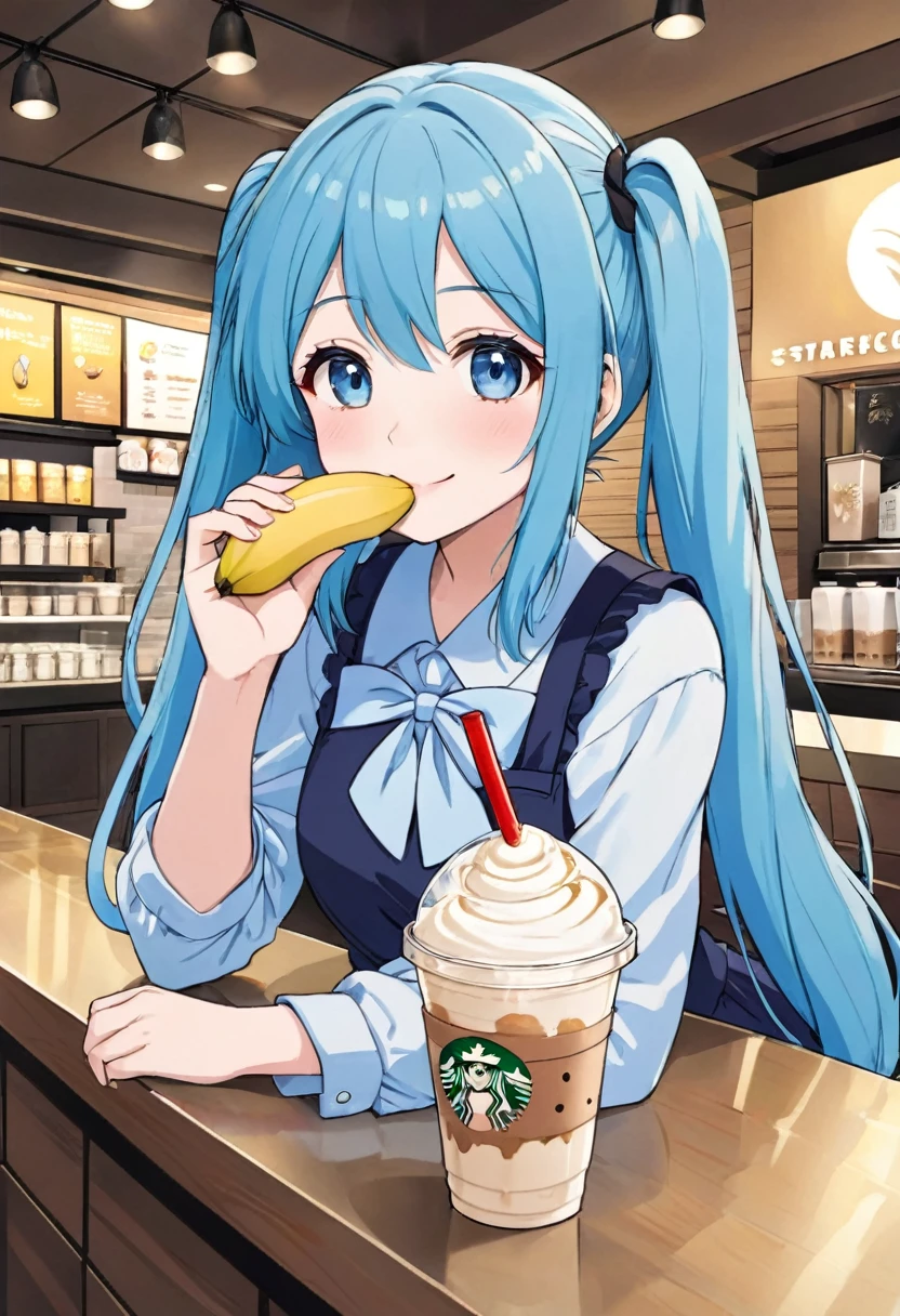 Anime girl drinking Starbucks coffee with a straw in her hand, A vibrant Starbucks store、Light blue long hair、Beautiful girl with twin tails、Cute anime with a bright smile  (Anime Girls), Cute girl anime visuals,  young Anime Girls, Beautiful anime art style, Anime illustration, beautiful Anime Girls, Drinking a banana frappe