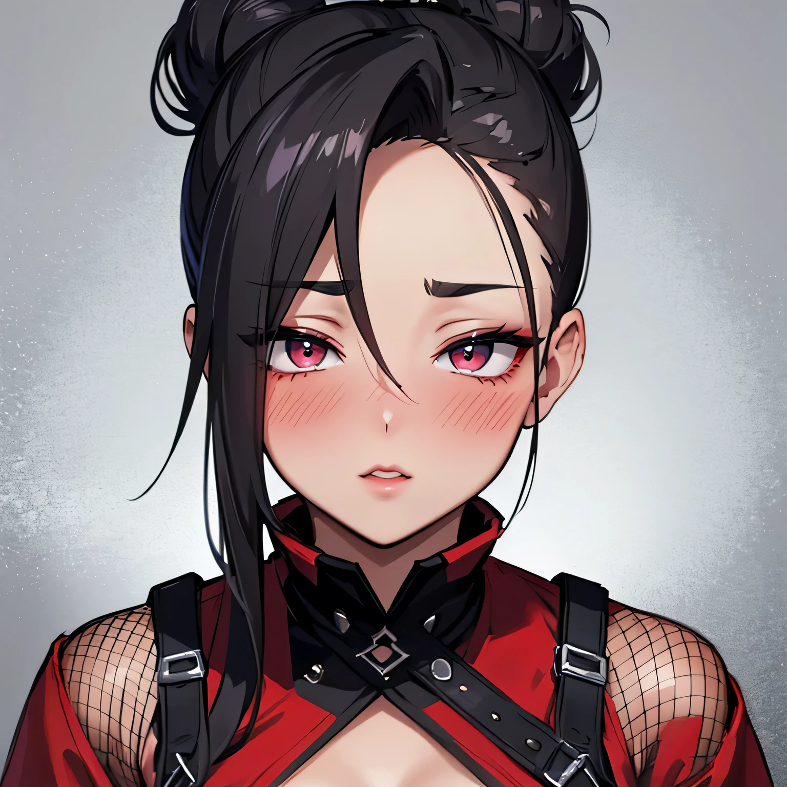 Amazing portrait of a sexy woman with her hair tied back in a high bun with her eyes emphasised by smokey eyeliner wearing a red dress with black laces and fishnets glancing at us and blushing intensely and parting her perfect lips  while looking tantalizingly sexy while standing very close to us