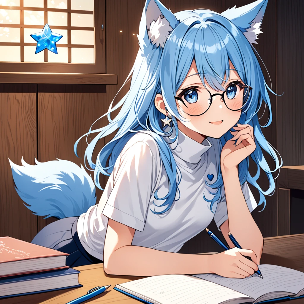 A Japanese demi-human journalist (pre-teen) with sky blue hair, long and a little wavy, falling gracefully from the shoulders.
Big and clear, always glowing with curiosity and enthusiasm.
clear and smooth, with a lightness that highlights its semi-human nature.
wolf's ears, covered in soft blue fur, positioned on top of the head, giving a lovely and distinctive appearance.
A blue wolf tail that wags happily, reflecting your emotions.
A white micro t-shirt with a turtleneck, equipped and with a beautiful design that matches its age.
A low-waisted pencil skirt, decorated with small stars or flower designs for a special touch .
Slender and exposed, but in an appropriate and innocent way, destacando sua figura esbelta.
Small heart or star shaped earrings, adding a charm .
Often seen with a cutely shaped pen and diary or with a hand in glasses, as if he was explaining something enthusiastically.
Always with a radiant smile or an expression of curiosity, ready to discover new stories.
