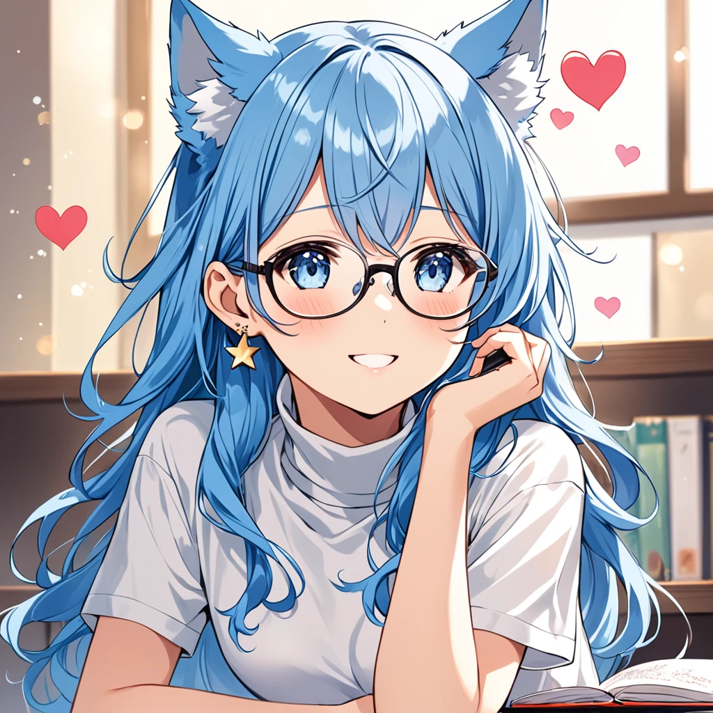 best quality,best resolution,(fluffyanthro furry :1.6),(young :1.6),rabbit girl,small breasts,yellow eyes,glistering eyes,sparkle eyes,light blue long hair,wavy hair,messy hair,light blue rabbit ears,light blue rabbit tail,?????,white naked apron,raffles,glasses,beautiful coffee cafe,white light,looking at viewer,full face blush,sexy face,smile,heart eyes,heart expression eyes,heavy breath,close eyes,sexy eyes,front view,close up,face to face,open mouth,selfie,sweating