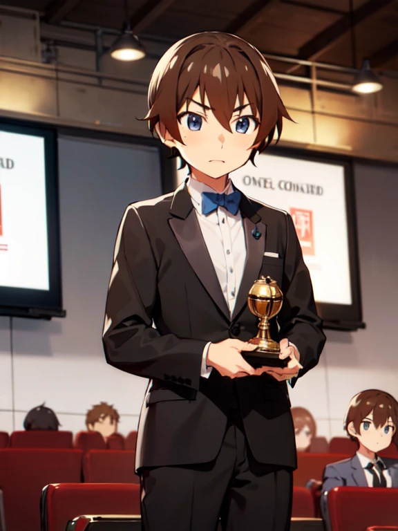 (Award-Winning Moment), (Keiichi_maebara), brown hair, Blue eyes, hair between eyes, 1 boy, (Award Ceremony), move, Award Announcement, audience, applause, tuxedo, (Acceptance speech), Eloquence, Confident expression, ((Small trophy)), 背景にaudience