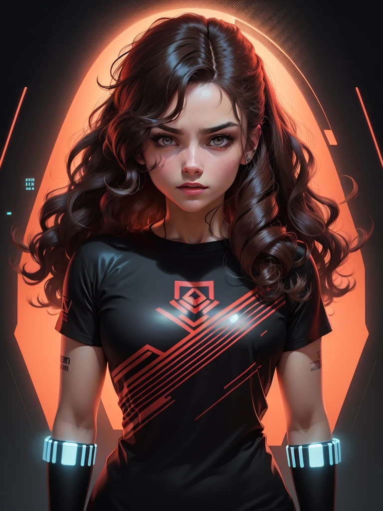 ready-to-print vector t-shirt design, cyber punk, medium brown woman with wavy hair red LED sound line illustration profile, black backdrop