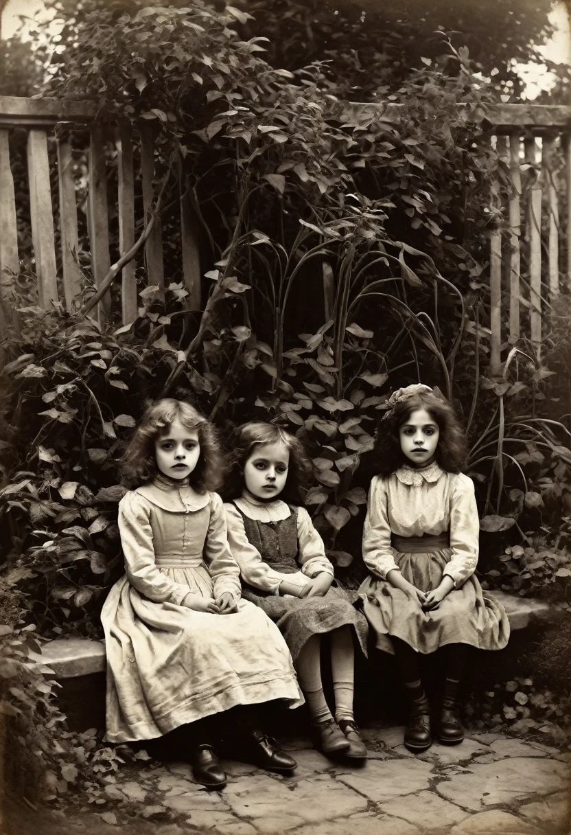 old picture of children, seated, dead garden backgrounds, in the style of John Singer Sargent, horror, desaturated, antique period, aged marks