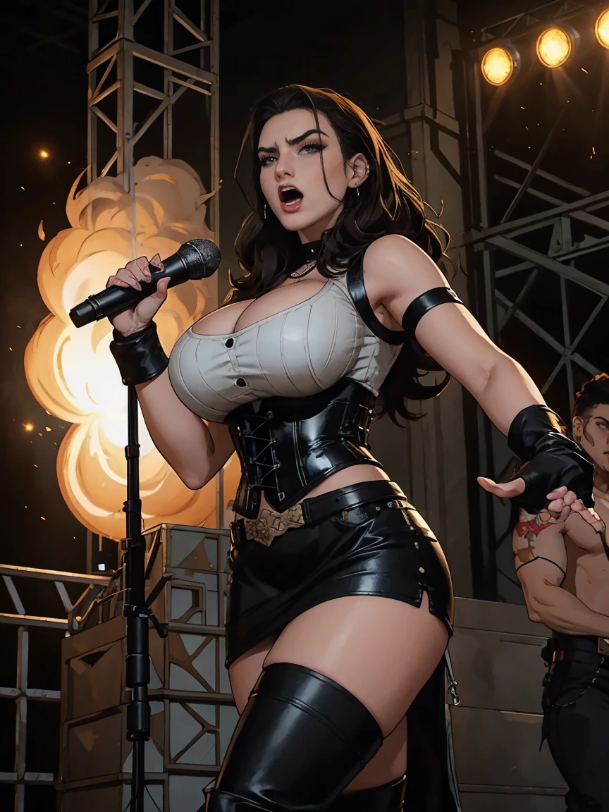 Extremely busty thin and toned brunette death metal singer, college girl, fair skin, big hair, hair pulled back, soft face, athletic, heavy makeup, piercings, black leather, studs, corset, boots, fingerless gloves, tight skirt, chains. standing on a stage, pyrotechnics, holding a microphone, metal concert. (microphone, fist in the sky), angry, rage, screaming. Heavy metal. Death metal. Explosions, fire.