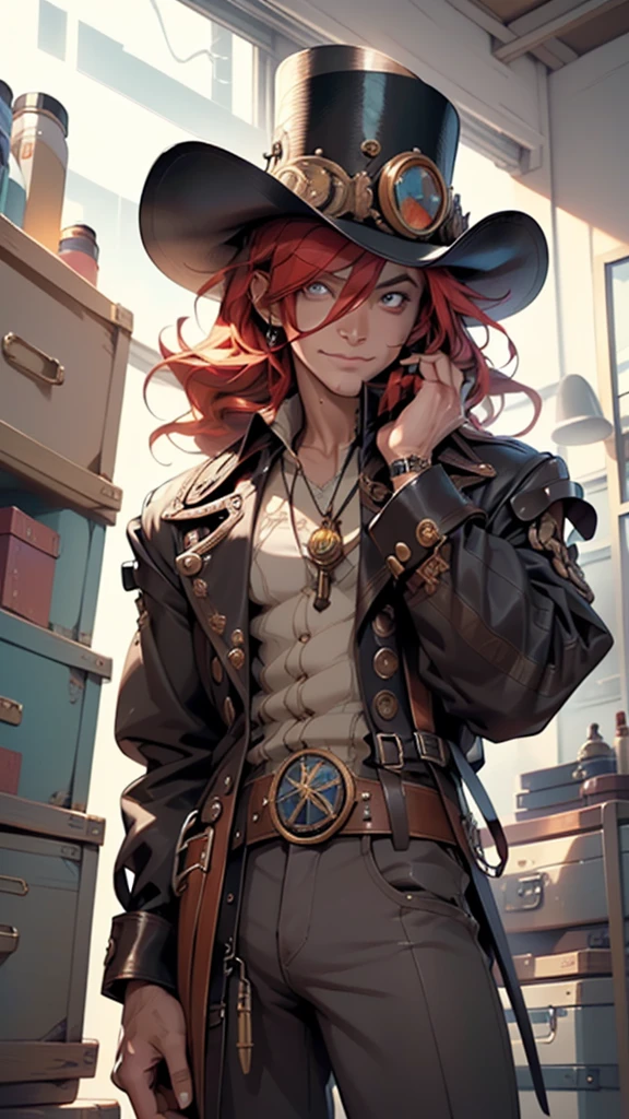 (man:1.5),1 man,steampunk gunslinger,(((1man))),((man with messy red hair)),
(((1male,man:1.5,handsome man,male,male gender:1.5,male focus))),macho man,((messy red hair,detailed hair,highly detailed hair,red hair,hair over one eye:1.2,colored inner hair)),(((dark_red_eyes:1.2))),intricate eyes,beautiful detailed eyes,symmetrical eyes,(((lustrous skin:1.5,tanned skin,bright skin: 1.5,skin tanned,shiny skin,very shiny skin,shiny body,illuminated skin))),((man chest)),handsome face,((muscular)),(detailed face),
nsfw,
(((bare chest))),dark pants,((bulge in pants)),((gunfighter outfit, (steampunk cowboy_hat:1.2))),(wearing a gunfighter outfit:1.3,gunslinger clothes),(steampunk gun holster,belt),((wet clothes,intricate outfit,intricate clothes)),
(dynamic pose:1.0),solo focus,((evil smile,evil look)),(centered,scale to fit dimensions,Rule of thirds),
inside,indoor,((cozy steampunk room)),scenery:1.25,((intricate scenery)),((steampunk decorations)),
(Glossy steampunk ornaments),highres,sharp focus,(ultra detailed,extremely detailed),(photorealistic artwork:1.37),(extremely detailed CG unity 8k wallpaper),(((vibrant colors,vibrant theme))),(intricate),(masterpiece),(best quality),artistic photography,(photography taken by sldr),(intricate background),perfect rendered face,perfect face details,realistic face,photo realistic,((intricate detail)),(((realism))),