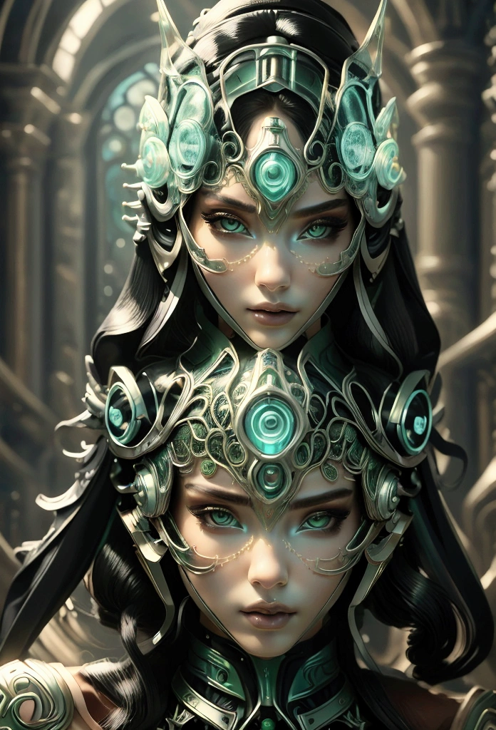 Maximum image quality, outstanding details, ultra high resolution, (Realism: 1.4), the best illustration, favor details, 1 very condensed girl, with a delicate and beautiful face, dressed in a black and green wick, wearing a mecha helmet, holding a directional controller, ride a motorcycle, the background is a high-tech lighting scene of the city of the future.