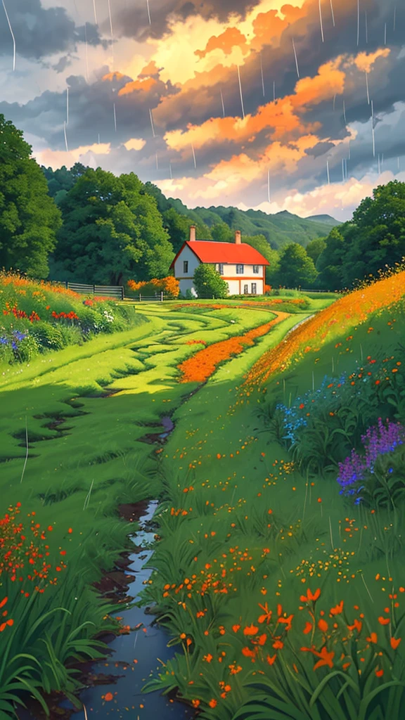 Create a landscape of a serene countryside scene during a gentle summer rain. A cozy cottage with a red roof is nestled near a large, lush green tree. The sky is filled with dramatic, billowing clouds in vibrant shades of orange and yellow, illuminated by sunlight breaking through, creating a striking contrast with the dark blue rain clouds. A narrow, winding path leads to the cottage, bordered by wildflowers in bright red and orange hues, and rich green grass. Small puddles form from the rain along the path. The overall atmosphere is peaceful and picturesque, with a harmonious blend of nature and tranquility, depicted in highly saturated colors to enhance the vividness and charm of the landscape