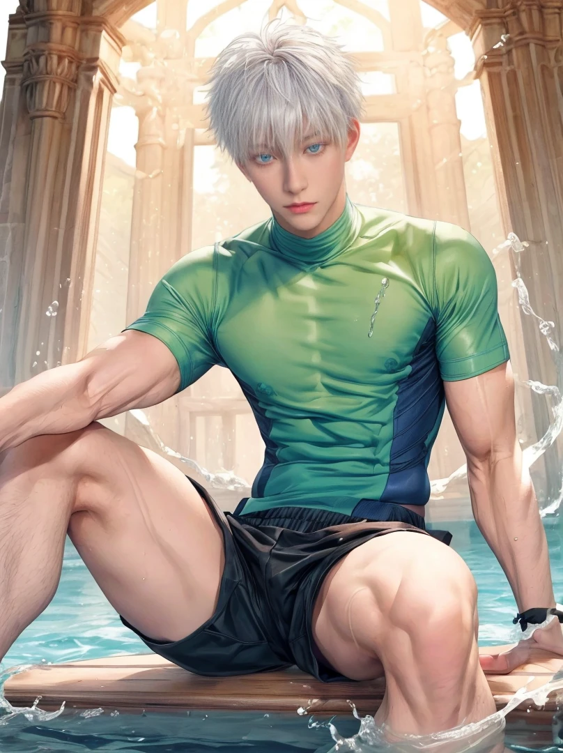 1boy, adult, handsome, perfect face, detailed eyes and face, clean shaved, muscular, capturing a rural atmosphere, dynamic lighting, unreal engine 5, hd picture, satoru gojo, white hair, short hair ,hair between eyes ,blue eyes, white skin, pink nipple, milk nipple details, water details