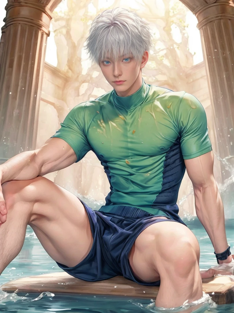 1boy, adult, handsome, perfect face, detailed eyes and face, clean shaved, sixpack realistic, white eyebrow hair, white eyelashes, dynamic lighting, unreal engine 5, hd picture, satoru gojo, white hair, short hair ,hair between eyes ,blue eyes, white skin, sweat details, Water details, Splash details