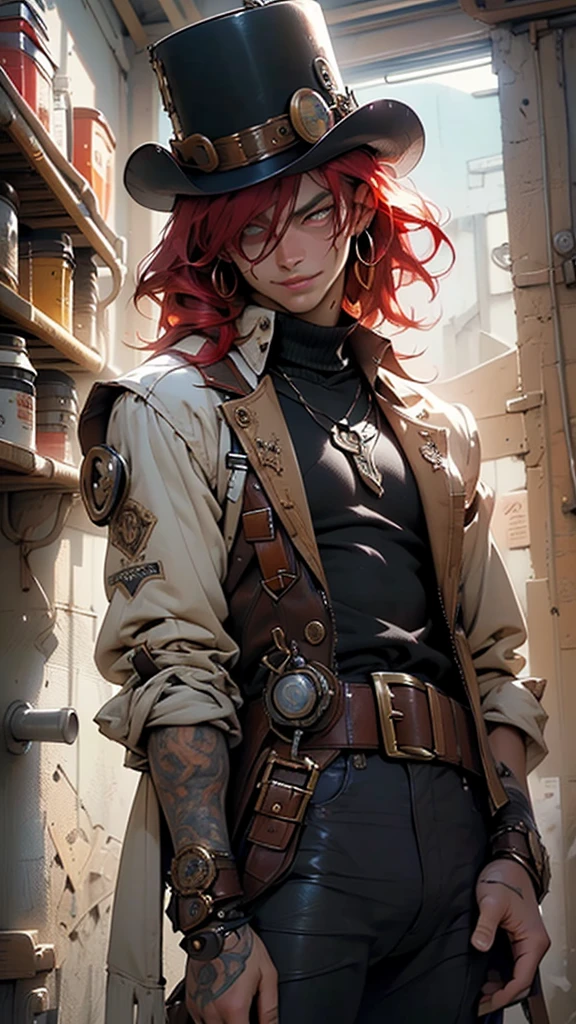 (man:1.5),1 man,steampunk gunslinger,(((1man))),((man with messy red hair)),

(((1male,man:1.5,handsome man,male,male gender:1.5,male focus))),macho man,((messy red hair,detailed hair,highly detailed hair,red hair,hair over one eye:1.2,colored inner hair)),(((dark_red_eyes:1.2))),intricate eyes,beautiful detailed eyes,symmetrical eyes,(((lustrous skin:1.5,tanned skin,bright skin: 1.5,skin tanned,shiny skin,very shiny skin,shiny body,illuminated skin))),((man chest)),handsome face,((muscular)),(detailed face),

nsfw,

(((bare chest))),dark pants,((bulge in pants)),((gunfighter outfit, (steampunk cowboy_hat:1.2))),(wearing a gunfighter outfit:1.3,gunslinger clothes),(steampunk gun holster,belt),((wet clothes,intricate outfit,intricate clothes)),

(dynamic pose:1.0),solo focus,((evil smile,evil look)),(centered,scale to fit dimensions,Rule of thirds),

inside,indoor,((cozy steampunk room)),scenery:1.25,((intricate scenery)),((steampunk decorations)),

(Glossy steampunk ornaments),highres,sharp focus,(ultra detailed,extremely detailed),(photorealistic artwork:1.37),(extremely detailed CG unity 8k wallpaper),(((vibrant colors,vibrant theme))),(intricate),(masterpiece),(best quality),artistic photography,(photography taken by sldr),(intricate background),perfect rendered face,perfect face details,realistic face,photo realistic,((intricate detail)),(((realism))),
