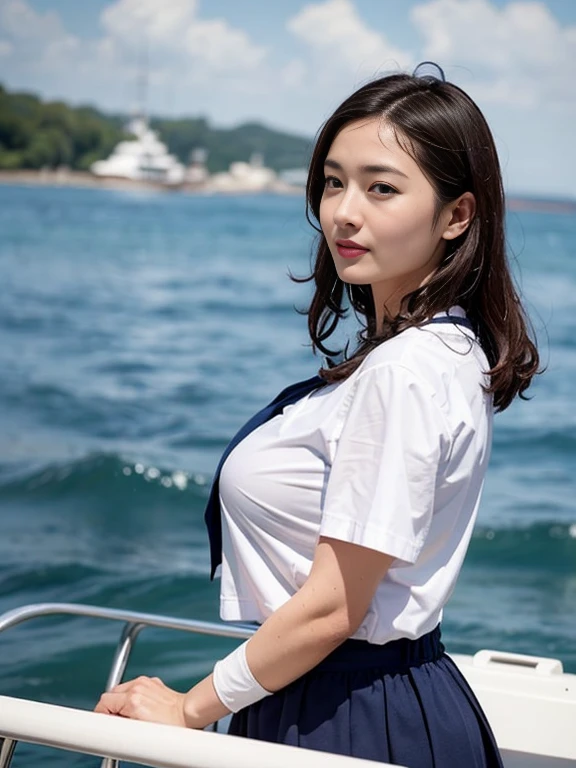 (Gray background、pubic hair、Large Breasts、(Thighs)、Curly Hair、Hair tousled by the wind、Cute woman、high school girl、White shirt、Navy blue mile、Open chest shirt、A wet shirt with underwear showing through、Gazing at the sea、On the boat、Watching from behind