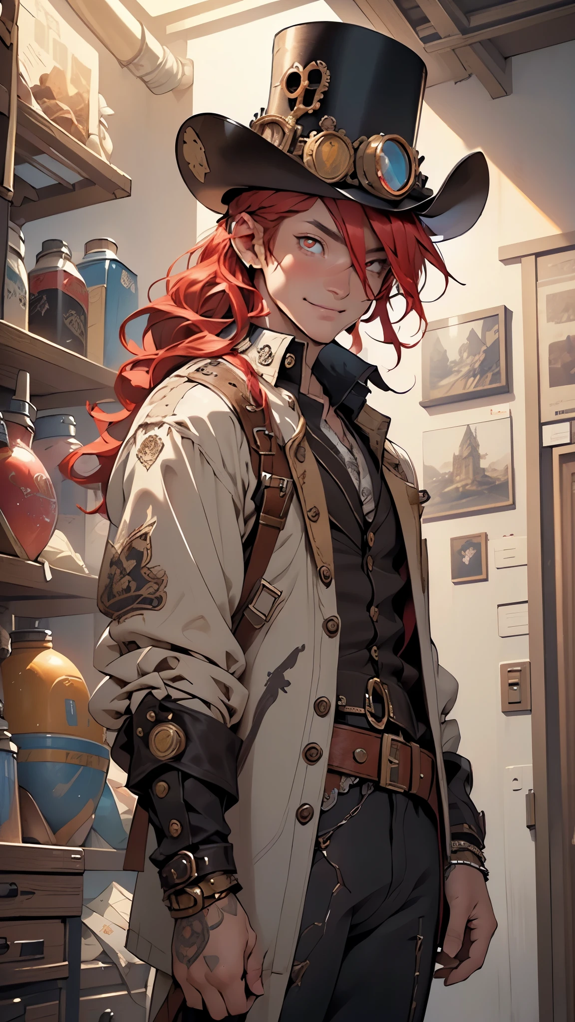 (man:1.5),1 man,steampunk gunslinger,(((1man))),((man with messy red hair)),

(((1male,man:1.5,handsome man,male,male gender:1.5,male focus))),macho man,((messy red hair,detailed hair,highly detailed hair,red hair,hair over one eye:1.2,colored inner hair)),(((dark_red_eyes:1.2))),intricate eyes,beautiful detailed eyes,symmetrical eyes,(((lustrous skin:1.5,tanned skin,bright skin: 1.5,skin tanned,shiny skin,very shiny skin,shiny body,illuminated skin))),((man chest)),handsome face,((muscular)),(detailed face),

nsfw,

(((bare chest))),dark pants,((bulge in pants)),((gunfighter outfit, (steampunk cowboy_hat:1.2))),(wearing a gunfighter outfit:1.3,gunslinger clothes),(steampunk gun holster,belt),((wet clothes,intricate outfit,intricate clothes)),

(dynamic pose:1.0),solo focus,((evil smile,evil look)),(centered,scale to fit dimensions,Rule of thirds),

inside,indoor,((cozy steampunk room)),scenery:1.25,((intricate scenery)),((steampunk decorations)),

(Glossy steampunk ornaments),highres,sharp focus,(ultra detailed,extremely detailed),(photorealistic artwork:1.37),(extremely detailed CG unity 8k wallpaper),(((vibrant colors,vibrant theme))),(intricate),(masterpiece),(best quality),artistic photography,(photography taken by sldr),(intricate background),perfect rendered face,perfect face details,realistic face,photo realistic,((intricate detail)),(((realism))),
