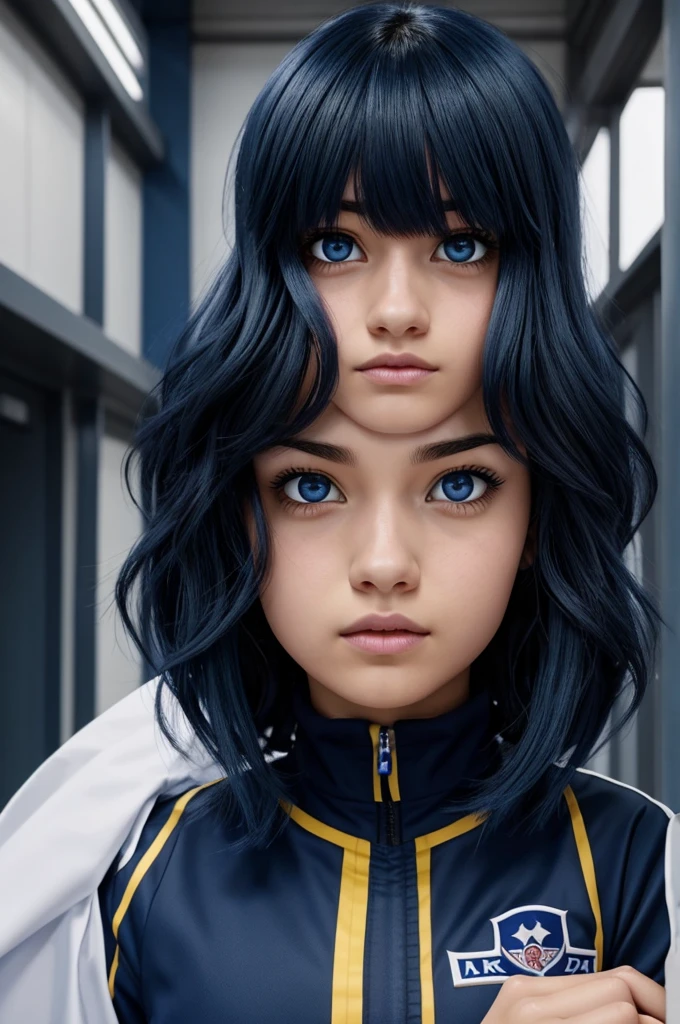 Screenshot of My Hero Academia Dark Blue Hair Girl, wavy and long, with dark blue eyes, with bangs, He is wearing the UA uniform