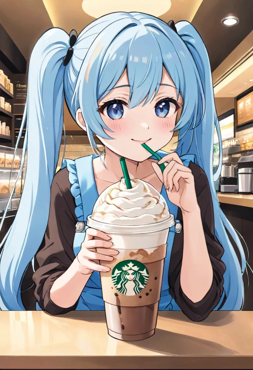 Anime girl drinking Starbucks coffee with a straw in her hand, A vibrant Starbucks store、Light blue long hair、Beautiful girl with twin tails、Cute anime with a bright smile (Anime Girls), Cute girl anime visuals, young Anime Girls, Beautiful anime art style, Anime illustration, beautiful Anime Girls, Peach Frappe