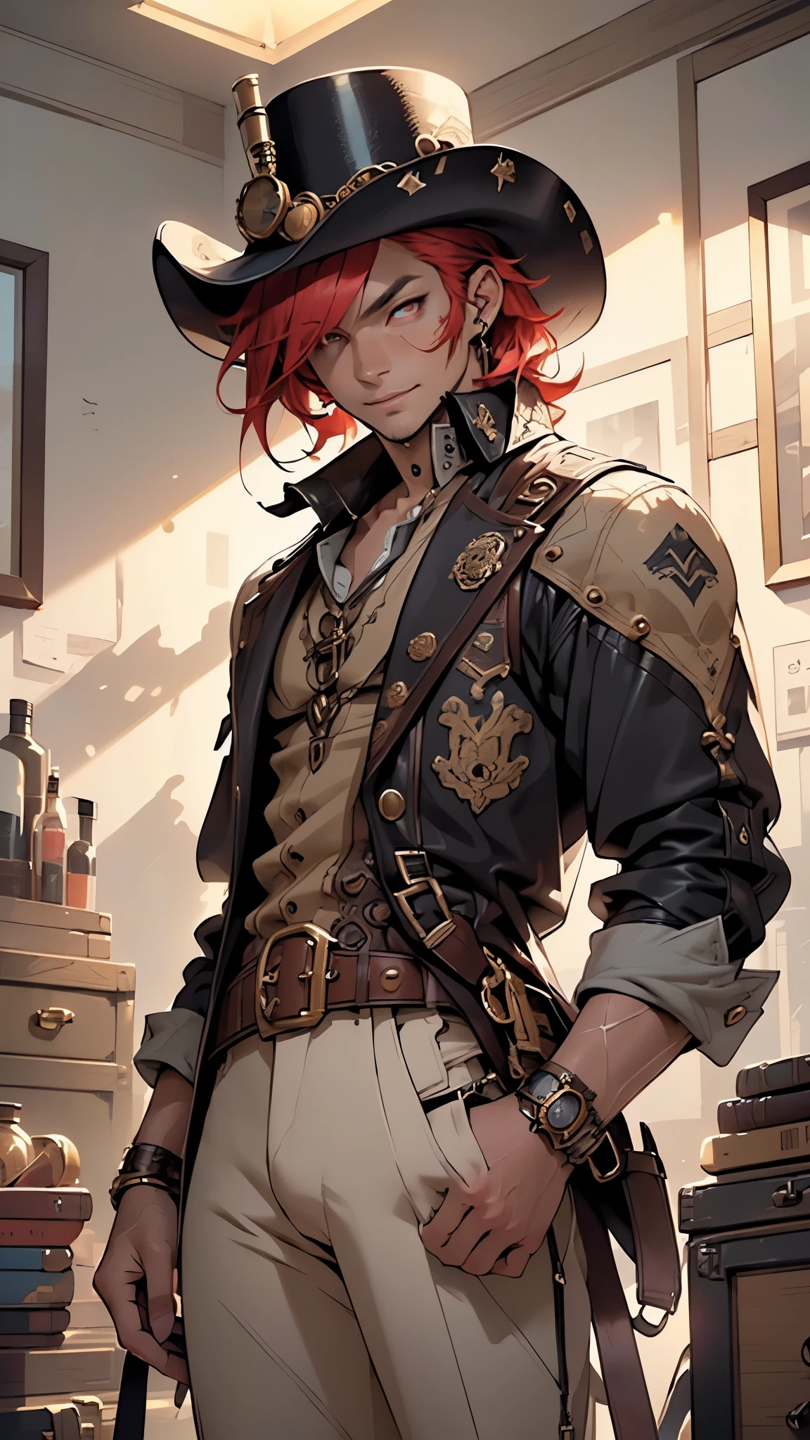 (man:1.5),1 man,steampunk gunslinger,(((1man))),((man with messy red hair)),
(((1male,man:1.5,handsome man,male,male gender:1.5,male focus))),macho man,((messy red hair,detailed hair,highly detailed hair,red hair,hair over one eye:1.2,colored inner hair)),(((dark_red_eyes:1.2))),intricate eyes,beautiful detailed eyes,symmetrical eyes,(((lustrous skin:1.5,tanned skin,bright skin: 1.5,skin tanned,shiny skin,very shiny skin,shiny body,illuminated skin))),((man chest)),handsome face,((muscular)),(detailed face),
nsfw,
(((bare chest))),dark pants,((bulge in pants)),((gunfighter outfit, (steampunk cowboy_hat:1.2))),(wearing a gunfighter outfit:1.3,gunslinger clothes),(steampunk gun holster,belt),((wet clothes,intricate outfit,intricate clothes)),
(dynamic pose:1.0),solo focus,((evil smile,evil look)),(centered,scale to fit dimensions,Rule of thirds),
inside,indoor,((cozy steampunk room)),scenery:1.25,((intricate scenery)),((steampunk decorations)),
(Glossy steampunk ornaments),highres,sharp focus,(ultra detailed,extremely detailed),(photorealistic artwork:1.37),(extremely detailed CG unity 8k wallpaper),(((vibrant colors,vibrant theme))),(intricate),(masterpiece),(best quality),artistic photography,(photography taken by sldr),(intricate background),perfect rendered face,perfect face details,realistic face,photo realistic,((intricate detail)),(((realism))),
