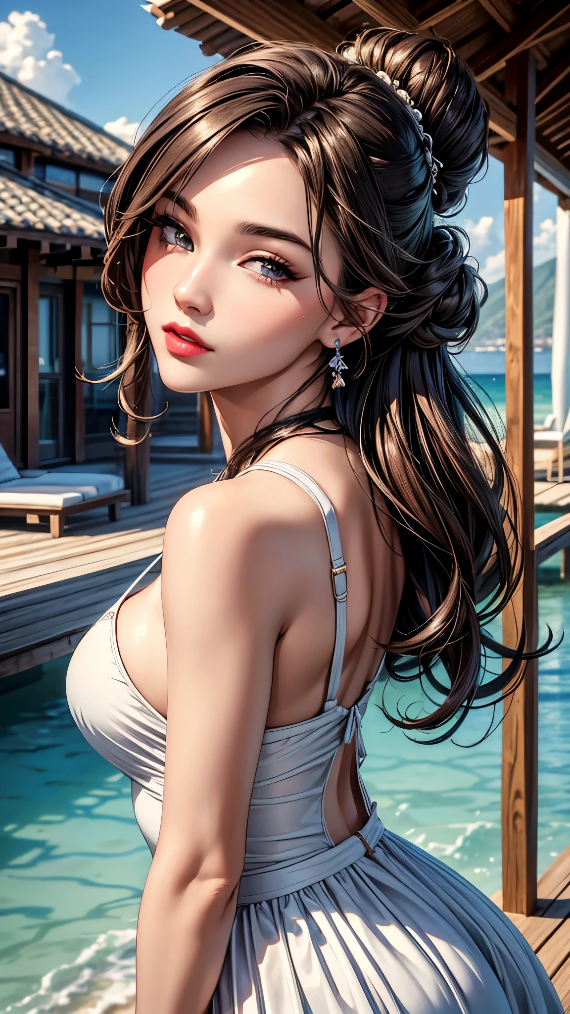 (best quality, 8K, masterpiece:1.3), pretty Woman, 1 girl, beautiful face, (Sexy), Dark brown hair, Half updo Half up half down, Ultra-detailed face, Detailed lips, super detailed eyes, double eyelids, long upper eyelashes, Soft skin, HD skin, Sabah, outdoor, Sea Holiday House, sea, 8k, Super detailed, best quality detail, retina, Ultra-high resolution, masterpiece, ccurate