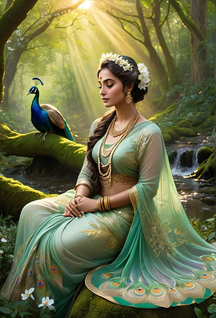 Generate a high quality resolution image,4k,high detailed mystical forest scene during twilight. The focal point is a beautiful woman sitting gracefully on a moss-covered stone.viewing at viewr, She is adorned in a flowing saffron saree that cascades elegantly around her and has long, dark, wavy hair decorated with delicate white flowers. She wears intricate jewelry: a shimmering necklace, ornate earrings, and golden bangles that catch the faint light. Her expression is serene and kind, and her gaze is gentle and inviting.
In her lap rests a delicate fawn, looking up at her with trustful eyes. To her side, a majestic peacock stands with its iridescent feathers fanned out. The forest is lush and verdant with ancient, towering trees whose branches form a natural canopy overhead. The ground is covered in vibrant flowers and moss, adding to the dreamlike quality. Soft, ethereal lights float around, contributing to the magical atmosphere.
The air is filled with the gentle sounds of nature: the rustling of leaves, distant bird calls, and the quiet murmur of a nearby stream. The setting sun filters through the canopy, casting a golden glow on the scene and creating an aura of warmth and peace. Other woodland creatures can be faintly seen in the background, drawn to the woman's peaceful presence."