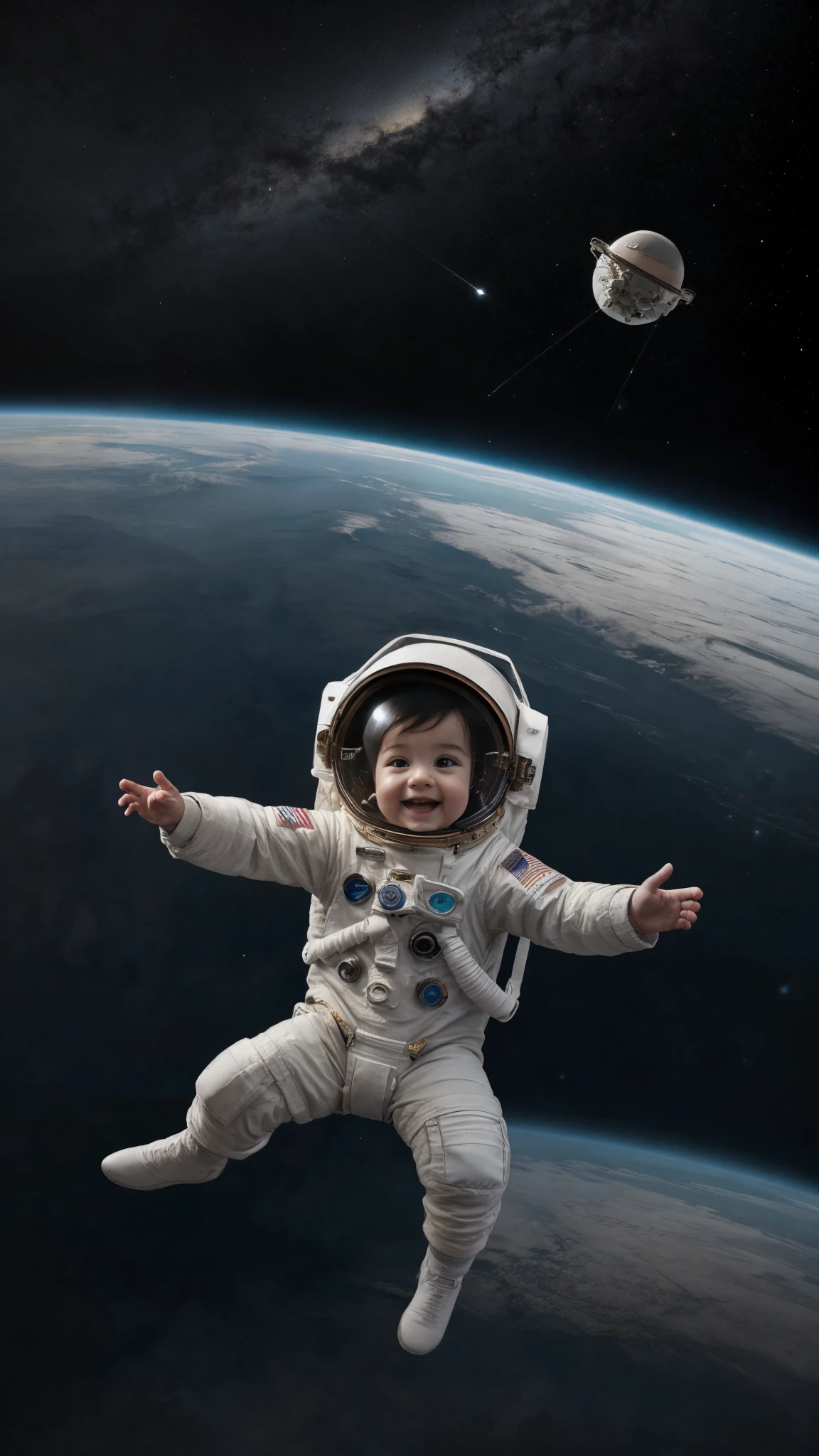 Isometric cute baby astronaut, floating in space, solid background