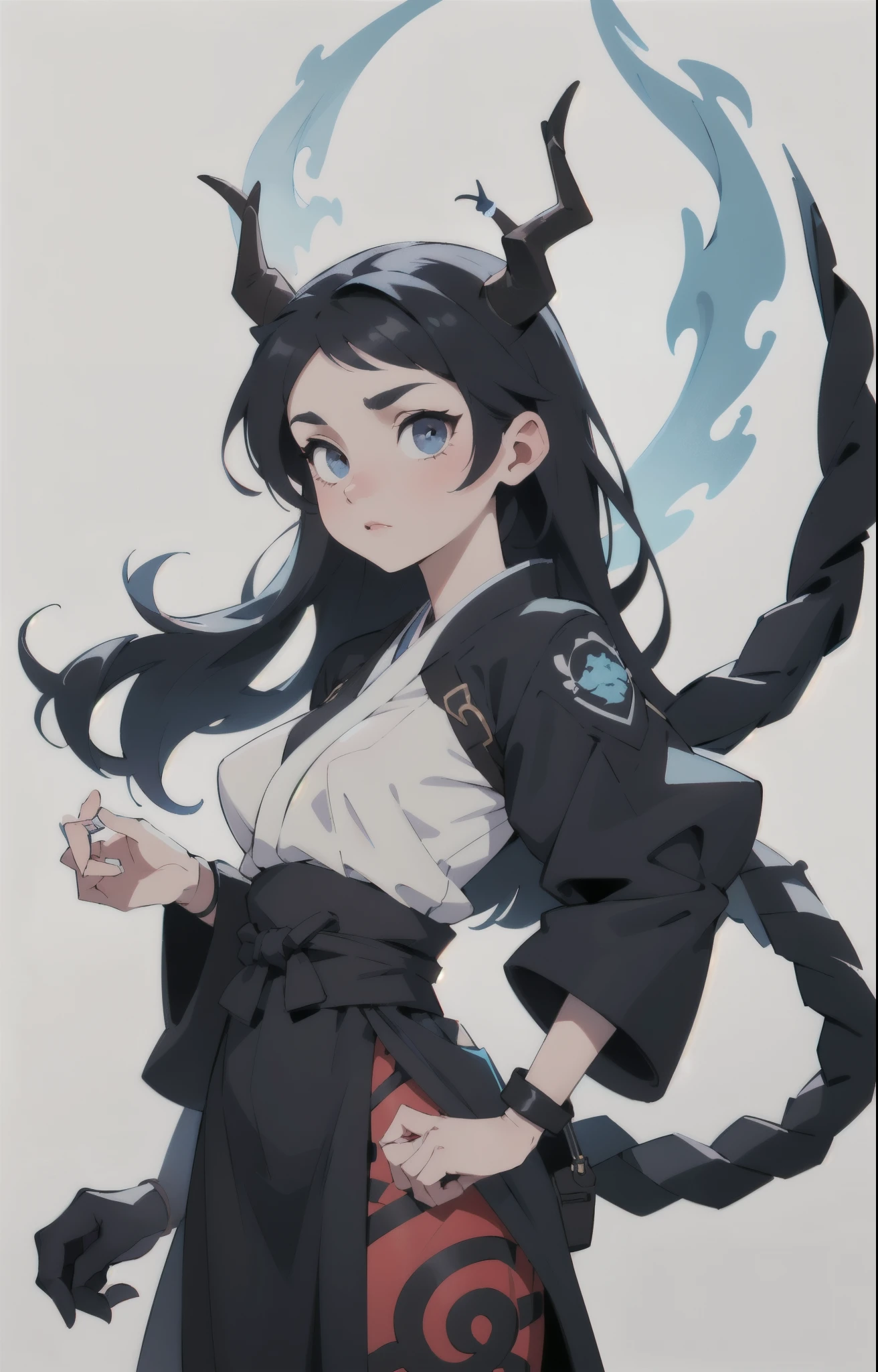 Seven Rhaeyar (Deylta), Ancient Star goddess, Perfect female anatomy (Royalty, Adult Female, 166cm in height, Cool pale skin, slim, slender, 34D breast size, Long Jet Black Hair, Gray Colored Iris , a set of Jet black colored horns with a blue highlight tint on her head), Black Katana with dragon motifs, Black rope accessories and blue rose references. Simple Background, receiving light from the front, Ethereal glow, Japanese inspired,