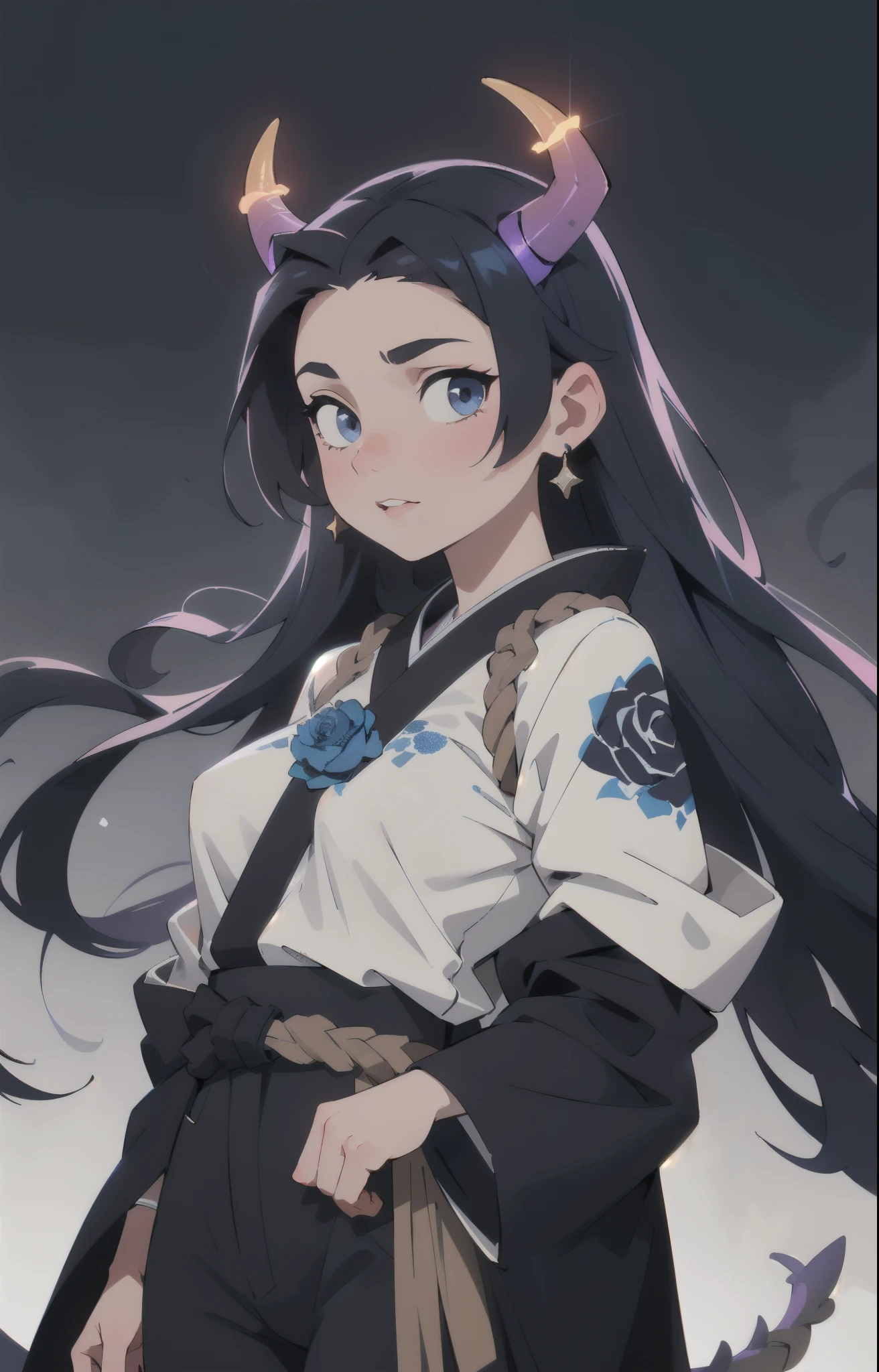 Seven Rhaeyar (Deylta), Ancient Star goddess, Perfect female anatomy (Royalty, Adult Female, 166cm in height, Cool pale skin, slim, slender, 34D breast size, Long Jet Black Hair, Gray Colored Iris , a set of Jet black colored horns with a blue highlight tint on her head), Black Katana with dragon motifs, Black rope accessories and blue rose references. Simple Background, receiving light from the front, Ethereal glow, Japanese inspired,