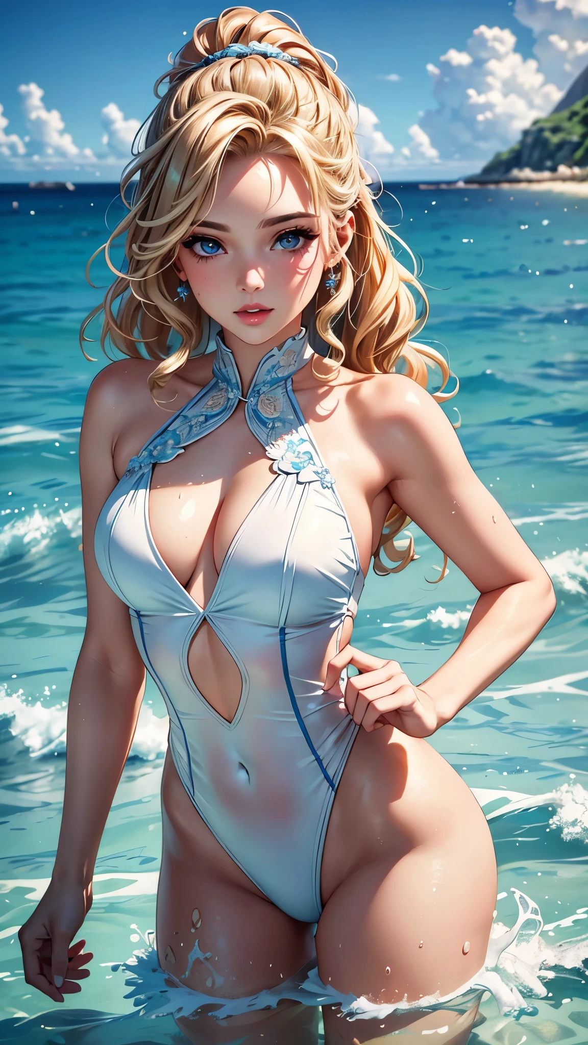 (best quality, 8K, masterpiece:1.3), pretty Woman, 1 girl, beautiful face, (Sexy), blonde hair, curly braided ponytail, white swimsuit, Ultra-detailed face, Detailed lips, super detailed eyes, double eyelids, long upper eyelashes, Soft skin, HD skin, (Caribbean Sea:1.2), playing in the sea, (in the sea, Half body in the sea), Coral Reef, small fish, 8k, Super detailed, best quality detail, retina, Ultra-high resolution, masterpiece, ccurate