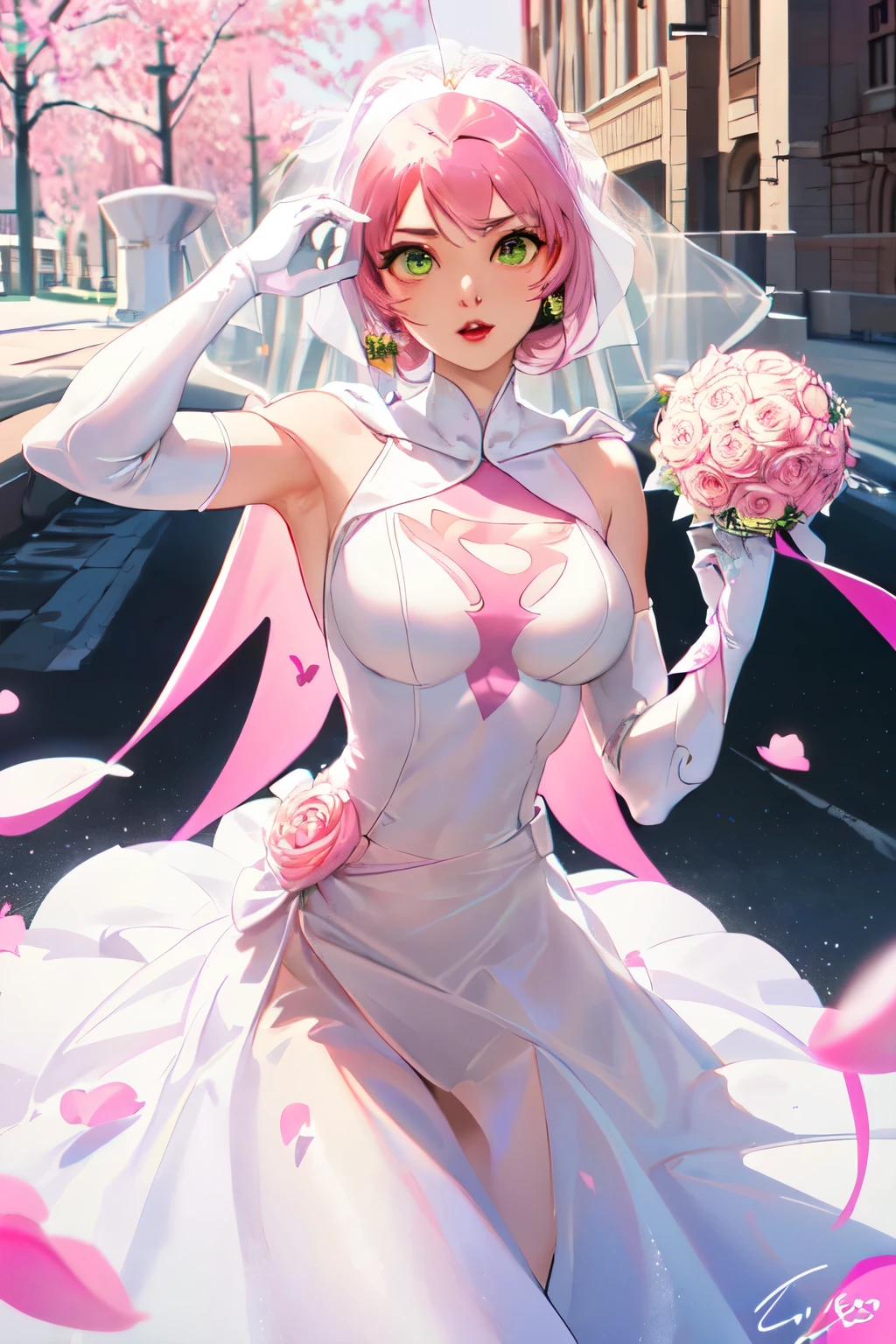 (((masterpiece)),((Highest quality)),((High resolution)), Outdoor, Daytime, Upper Body, Viewer, One person, concentrated, break, Year_Classic_jun_Gatchaman_My waifu, Jun the Swan, One personの女の子, chest, lips, 中chest, 大chest, Green Eyes, lipstick, compensate, eyelash, eye shadow, visor, Helmet, Cape, Elbow pocket, Knee socks, belt, White gloves, Absolute area, mask, skirt, White legwear, Superhero, leotard, (((Pink Wedding Dress:1.4))), 白いCape, ピンクのleotard, , Short Wedding Dresses,