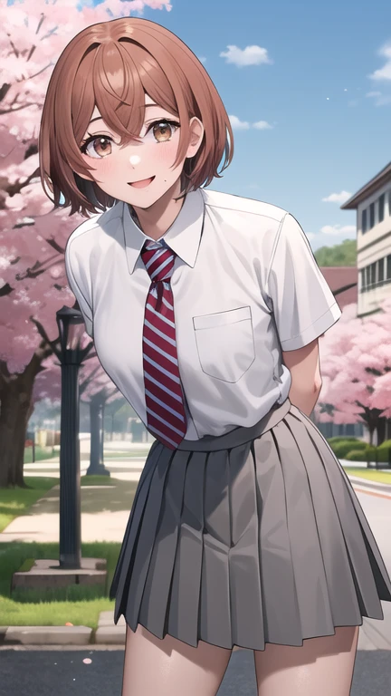 masterpiece, best quality, highres, 1girl, solo, short hair, brown hair, brown eyes, mole, striped necktie, collared shirt, white shirt, short sleeves, pleated skirt, grey skirt, standing, outdoors, smile, arms behind back, leaning forward, cherry blossoms,