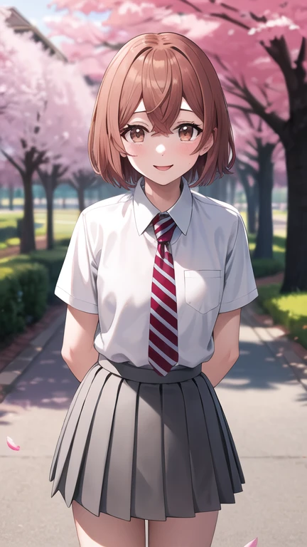 masterpiece, best quality, highres, 1girl, solo, short hair, brown hair, brown eyes, mole, striped necktie, collared shirt, white shirt, short sleeves, pleated skirt, grey skirt, standing, outdoors, smile, arms behind back, leaning forward, cherry blossoms,