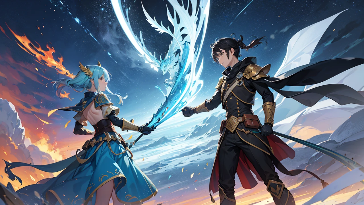 **Prompt:** In an anime-style scene, the tension between two nations on the brink of war is palpable. On one side, the kingdom of Azuloria, represented by blue and yellow banners, is preparing for battle. The other side, the empire of Scarloria, flies red and yellow banners, their forces equally ready for conflict.
**Azuloria Side:**
The landscape of Azuloria is a mix of rolling hills and fortified encampments. Soldiers in gleaming blue and yellow armor line up in disciplined formations, their magical auras shimmering in the air. Among them, powerful mages channel energy into their staffs, ready to unleash devastating spells. Beside them, skilled archers stand poised, arrows nocked and glowing with enchantments. The air buzzes with the energy of protective spells and the determination of the soldiers, their faces set with resolve.
**Scarloria Side:**
Across the battlefield, the forces of Scarloria stand ready, their red and yellow banners fluttering in the wind. The air grows cold and sharp as a massive ice dragon, scales glistening like frosted jewels, roars from behind the ranks. The dragon's breath forms icy mist clouds, chilling the ground it touches. Scarlorian soldiers, clad in red and yellow armor, stand firm, their eyes reflecting the icy determination of their dragon ally. Commanders bark orders, and the air fills with the sound of weapons being drawn and battle cries echoing across the field.
**Battlefield:**
The battlefield itself is a vast, open plain, with the distant mountains framing the scene. The sky is ominous, dark clouds gathering as if sensing the impending clash. In the center, the ground is marked with the scars of previous skirmishes, and the air is thick with anticipation.
As the two sides face each other, the scene is a vivid contrast of colors and energies. The blue and yellow of Azuloria's magical forces glow with a warm, radiant light, while the red and yellow of Scarloria's soldiers and the icy blue of the dragon create a striking,