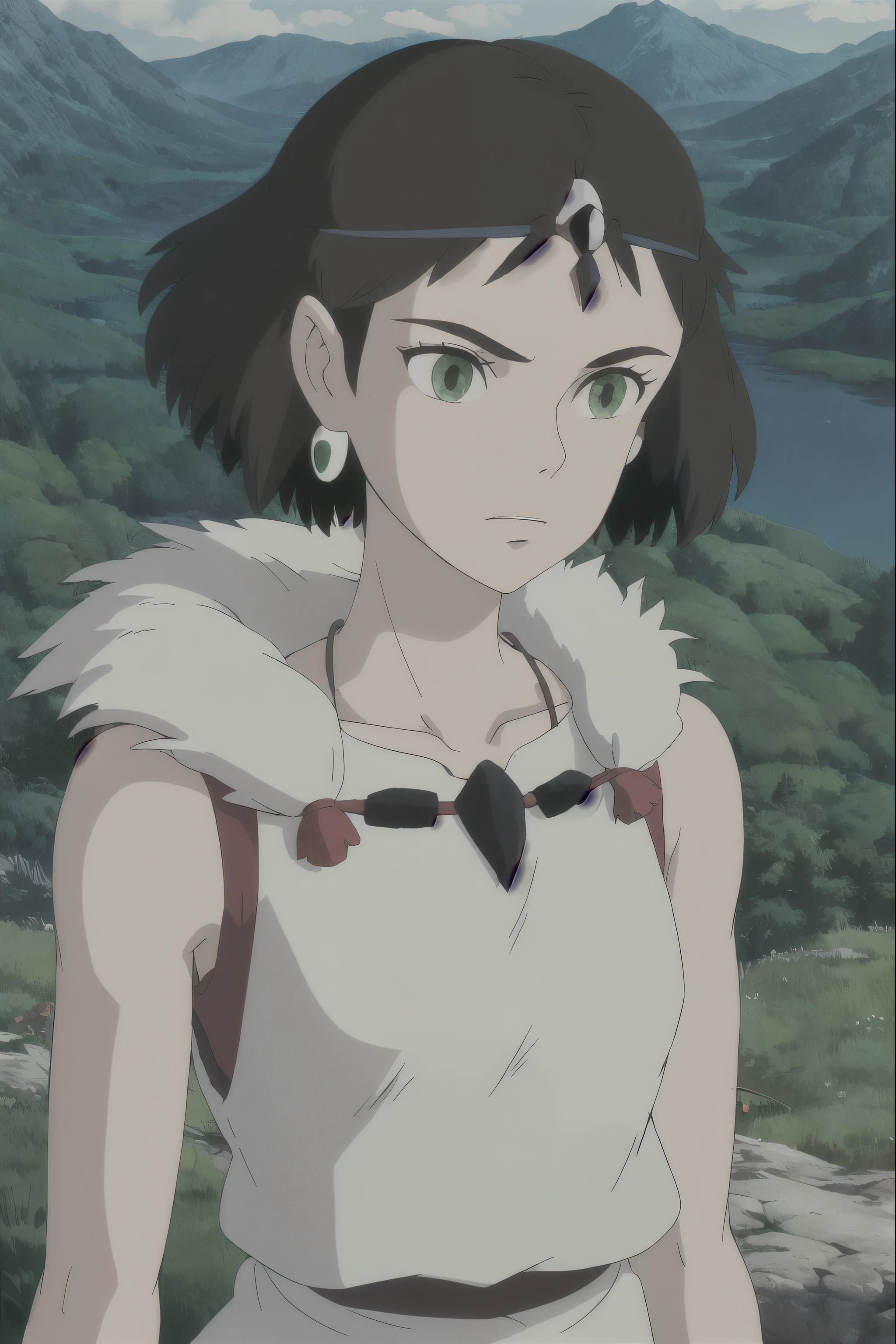 ghibli style, mountain \(mononoke hime\),
1 woman, bracelet, forehead, black hair, black undershirt, chest, headlands, circlet, earring, face painting, floating hair, forest, fur headlands, green eyes, bijouterie, looking at viewer, medium chest, nature, necklace, outdoors, parted forehead, shirt, Short hair, sleeveless, sleeveless shirt, alone, tooth necklace, tree, upper body, white shirt
, ((masterpiece))