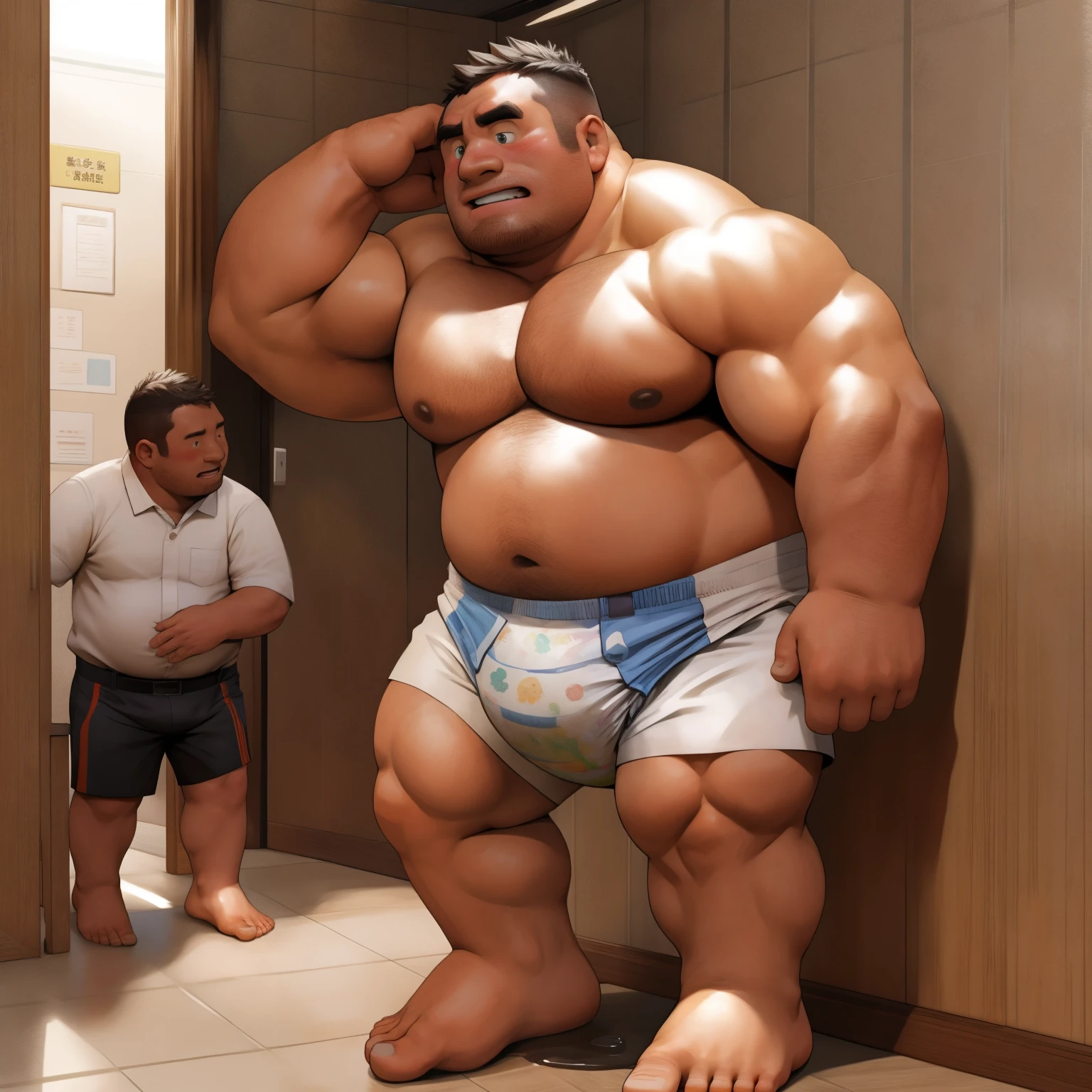 masterpiece, Top quality, in 32K, perfect anatomy, hyper detailed, super fine illustration, The thick man is a brutal prisoner, retarded, hairy, human, 50yo in japan, (fatness: 1.0), Fatty muscle, Bowleg, disappointment, incontinent, be diaper check by children, There is a small puddle under him, Naked, short legs, Bowleg, spread legs, wear a White cloth Diaper, Bare belly, Bare legs, Bare foots, Bare soles, Shirtless, wide forehead and short thinning hair, Man with round face with stubble, Bare foots, Bare soles, shy, sissy, Weaker than children, Drool, Round face, He enters nursery school and is despised by children, He is made to stand attention in the corner of the playroom, corner time, He surrounded by children, Bare foots, big butt, White Diaper, sobbing, There is a small puddle under him