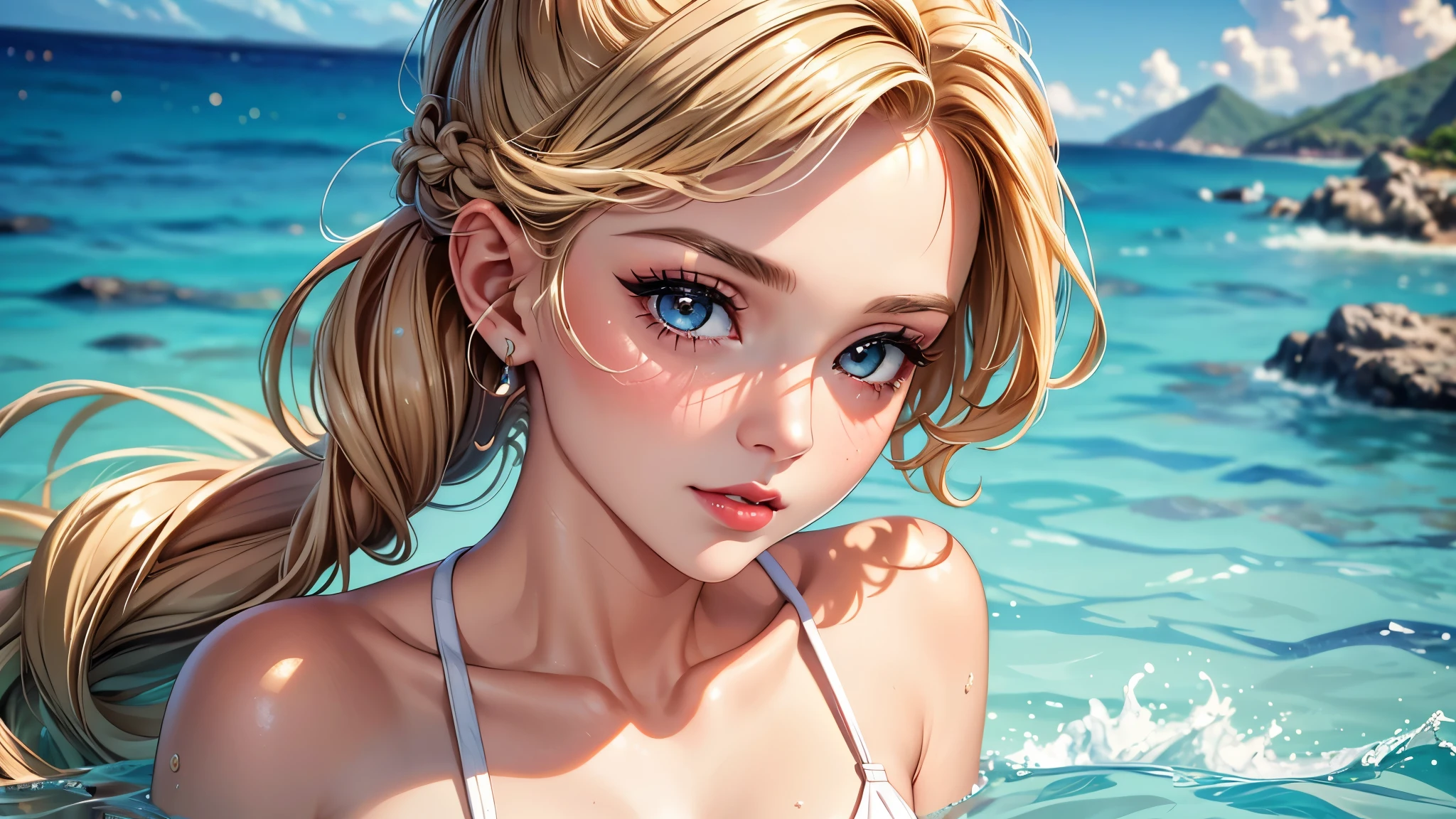(best quality, 8K, masterpiece:1.3), pretty Woman, 1 girl, beautiful face, (Sexy), blonde hair, curly braided ponytail, bikini, (wet from rain, wet by rain, wet :1.2), Ultra-detailed face, Detailed lips, super detailed eyes, double eyelids, long upper eyelashes, Soft skin, HD skin, (Maldive:1.2), Maldive Islands, beach, Vacation Homes, 8k portrait, Super detailed, best quality detail, retina, Ultra-high resolution, masterpiece, ccurate