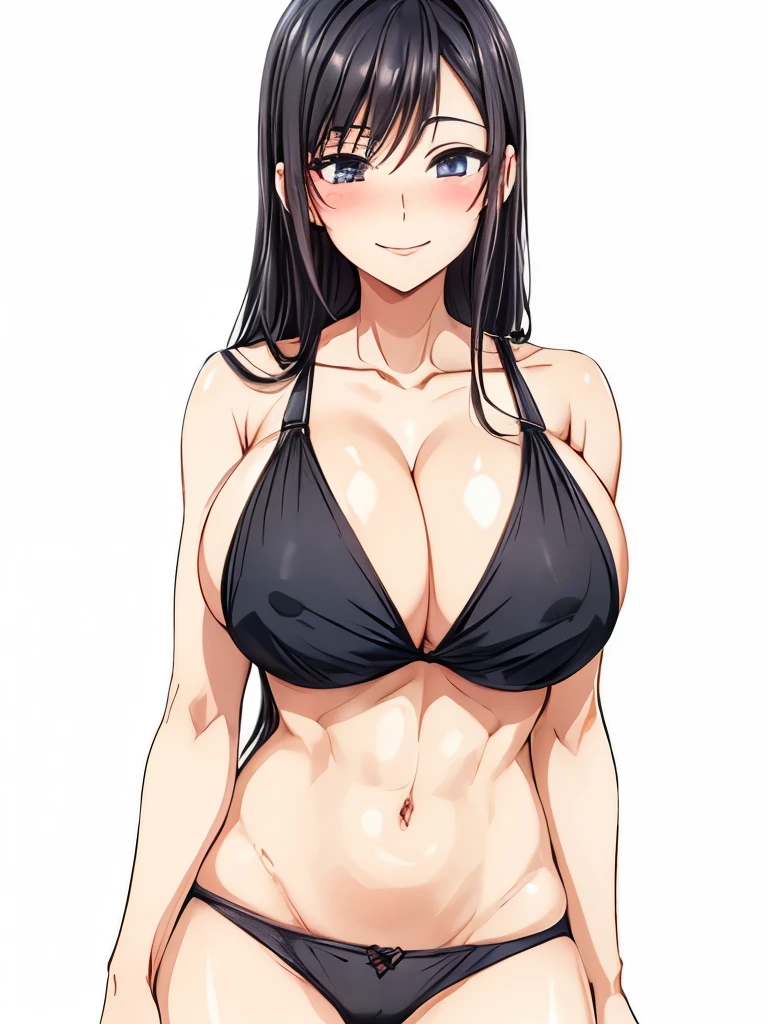 1 milf, long black hair, very big breasts, smiling, blushing, little sixpack