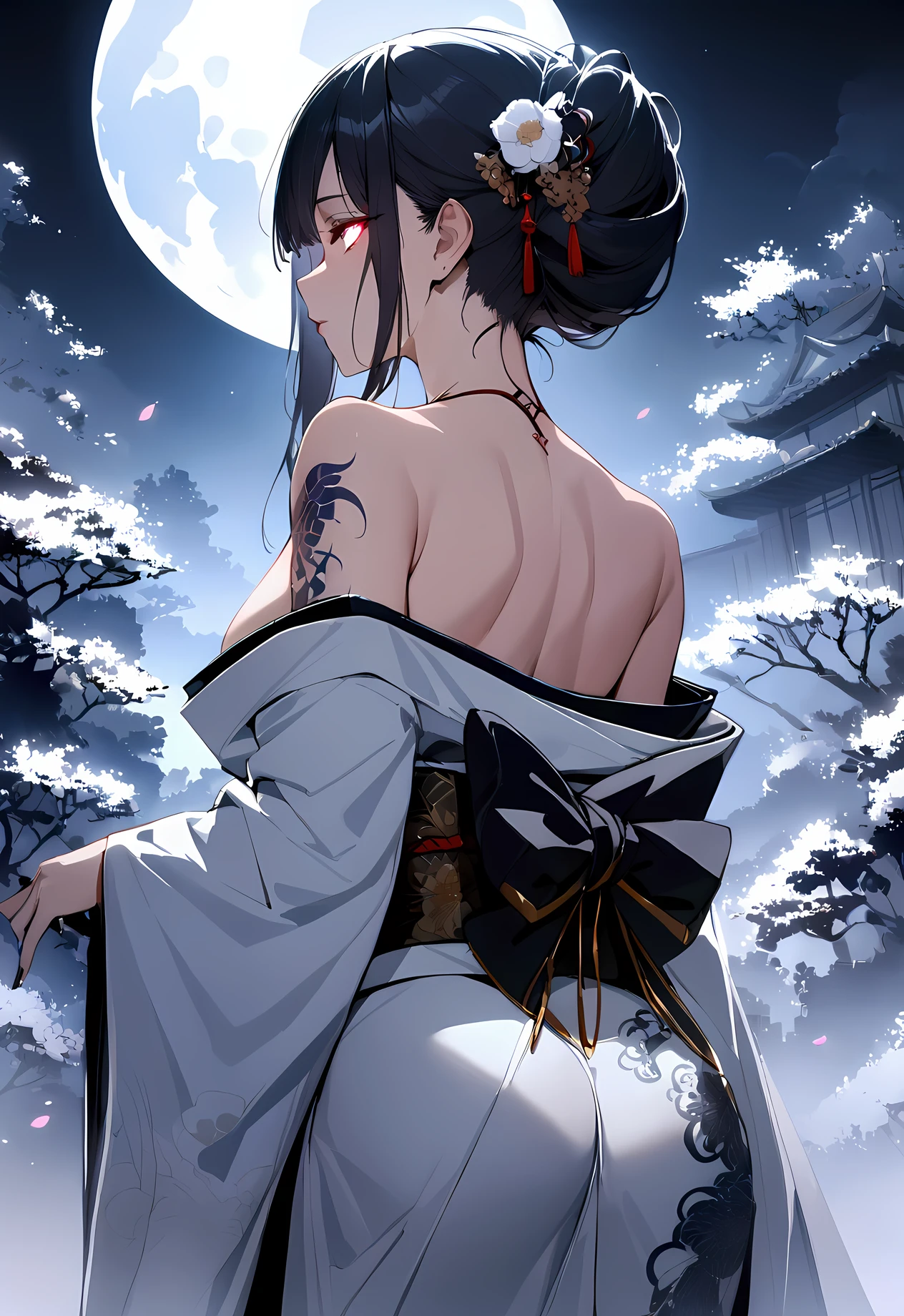 (masterpiece:1,2), best quality, masterpiece, highres, original, extremely detailed wallpaper, perfect lighting,geisha, kimono,Bare shoulder,back,Turn back,tattoo,(((Black and white))),Extreme detail,solo,Cold eyes,look up,Glowing eyes,byobu,moon,Black hair,petal,