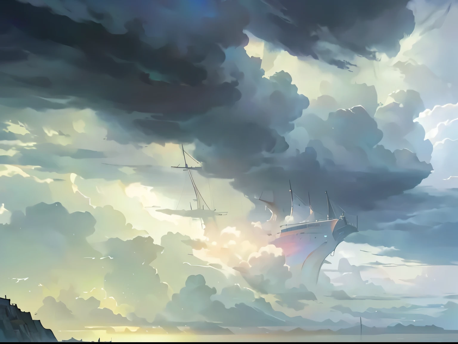 there is a boat that is floating in the water under a cloudy sky, atmosphere fantasy sky, Stormy sky, atmosphere. number, Ultra-detailed storm clouds, Gloomy weather. Surrealism, stormy clouds outdoor, Dramatic skies in background, Storm background, Dramatic skies, realistic sky, atmosphere background, Colorful sinister background, Storm Background, 可见的天空和潮湿的atmosphere