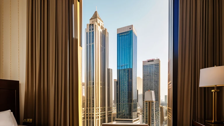 hotel buildings tall all together next to each other warm light