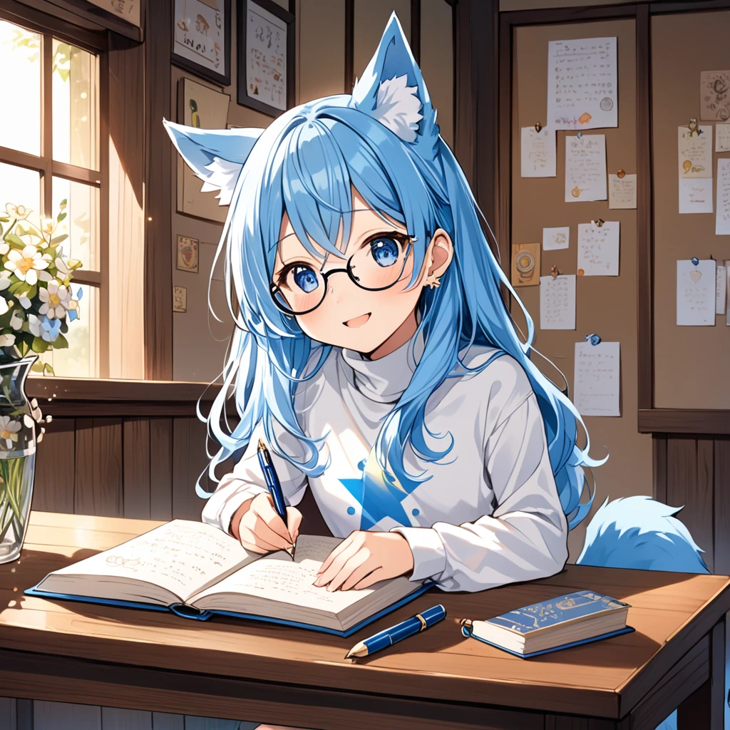 A Japanese demi-human journalist () with sky blue hair, long and a little wavy, falling gracefully from the shoulders.
Big and clear, always glowing with curiosity and enthusiasm.
clear and smooth, with a lightness that highlights its semi-human nature.
wolf's ears, covered in soft blue fur, positioned on top of the head, giving a lovely and distinctive appearance.
A blue wolf tail that wags happily, reflecting your emotions.
 A white micro t-shirt with a turtleneck, equipped and with a beautiful design that matches its age.
  A low-waisted pencil skirt, decorated with small stars or flower designs for a special touch .
 Slender and exposed, but in an appropriate and innocent way, destacando sua figura esbelta.
 Small heart or star shaped earrings, adding a charm .

Often seen with a cutely shaped pen and diary or with a hand in glasses, as if he was explaining something enthusiastically.
Always with a radiant smile or an expression of curiosity, ready to discover new stories.