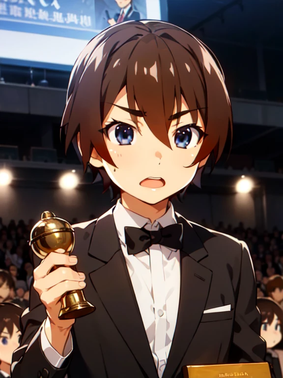 (Award-Winning Moment), (Keiichi_maebara), brown hair, Blue eyes, hair between eyes, 1 boy, (Award Ceremony), move, Award Announcement, audience, applause, tuxedo, (Acceptance speech), Eloquence, Confident expression, ((Small trophy)), Luxury venue