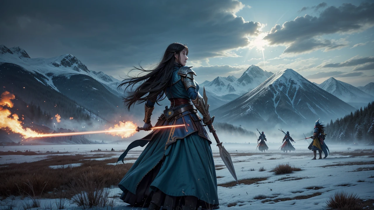 **Prompt:** In an anime-style scene, the tension between two nations on the brink of war is palpable. On one side, the kingdom of Azuloria, represented by blue and yellow banners, is preparing for battle. The other side, the empire of Scarloria, flies red and yellow banners, their forces equally ready for conflict.
**Azuloria Side:**
The landscape of Azuloria is a mix of rolling hills and fortified encampments. Soldiers in gleaming blue and yellow armor line up in disciplined formations, their magical auras shimmering in the air. Among them, powerful mages channel energy into their staffs, ready to unleash devastating spells. Beside them, skilled archers stand poised, arrows nocked and glowing with enchantments. The air buzzes with the energy of protective spells and the determination of the soldiers, their faces set with resolve.
**Scarloria Side:**
Across the battlefield, the forces of Scarloria stand ready, their red and yellow banners fluttering in the wind. The air grows cold and sharp as a massive ice dragon, scales glistening like frosted jewels, roars from behind the ranks. The dragon's breath forms icy mist clouds, chilling the ground it touches. Scarlorian soldiers, clad in red and yellow armor, stand firm, their eyes reflecting the icy determination of their dragon ally. Commanders bark orders, and the air fills with the sound of weapons being drawn and battle cries echoing across the field.
**Battlefield:**
The battlefield itself is a vast, open plain, with the distant mountains framing the scene. The sky is ominous, dark clouds gathering as if sensing the impending clash. In the center, the ground is marked with the scars of previous skirmishes, and the air is thick with anticipation.
As the two sides face each other, the scene is a vivid contrast of colors and energies. The blue and yellow of Azuloria's magical forces glow with a warm, radiant light, while the red and yellow of Scarloria's soldiers and the icy blue of the dragon create a striking,