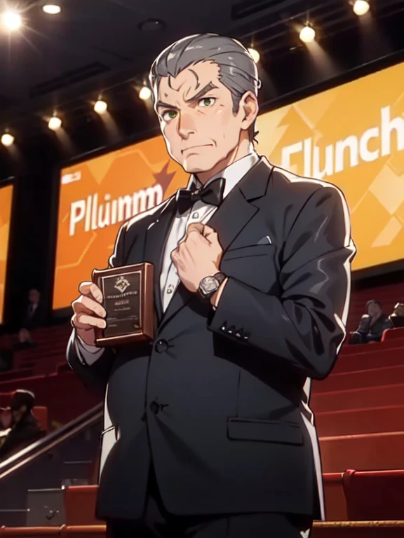 (Award-Winning Moment), (Oishikuraudo), (fat), plump, old, wristwatch, grey hair, hair slicked back, green eyes, 1 boy, (Award Ceremony), move, Award Announcement, audience, applause, tuxedo, ((Platinum Trophy)), (Luxury venue)