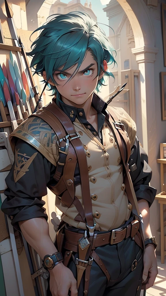 man:1.5,1 man,archer man,(((1man))),((man with aqua hair)),
(((1male,man:1.5,handsome man,male,male gender:1.5,male focus))),macho man,
((aqua messy hair,aqua hair,short hair,colored inner hair)),(((lustrous skin:1.5,tanned skin,bright skin: 1.5,skin tanned,shiny skin,very shiny skin,shiny body,illuminated skin))),(((aqua_eyes:1.2))),intricate eyes,beautiful detailed eyes,symmetrical eyes,((man chest)),handsome face,((muscular)),((detailed face)),
confident attitude,nsfw,
steampunk agent, ((holding a arch:1.5,bow and arrows in a quiver:1.5)), steampunk citizen in oversize techwear,((bulge in pants)),((steampunk archer outfit)),((intricate outfit,intricate clothes)),
(dynamic pose:1.0),solo focus,((evil smile,evil look)),(centered,scale to fit dimensions,Rule of thirds),
inside,indoor,((cozy steampunk room)),scenery:1.25,((intricate scenery)),((steampunk decorations)),
(Glossy steampunk ornaments),highres,sharp focus,(ultra detailed,extremely detailed),(photorealistic artwork:1.37),(extremely detailed CG unity 8k wallpaper),(((vibrant colors,vibrant theme))),(intricate),(masterpiece),(best quality),artistic photography,(photography taken by sldr),(intricate background),perfect rendered face,perfect face details,realistic face,photo realistic,((intricate detail)),(((realism))),