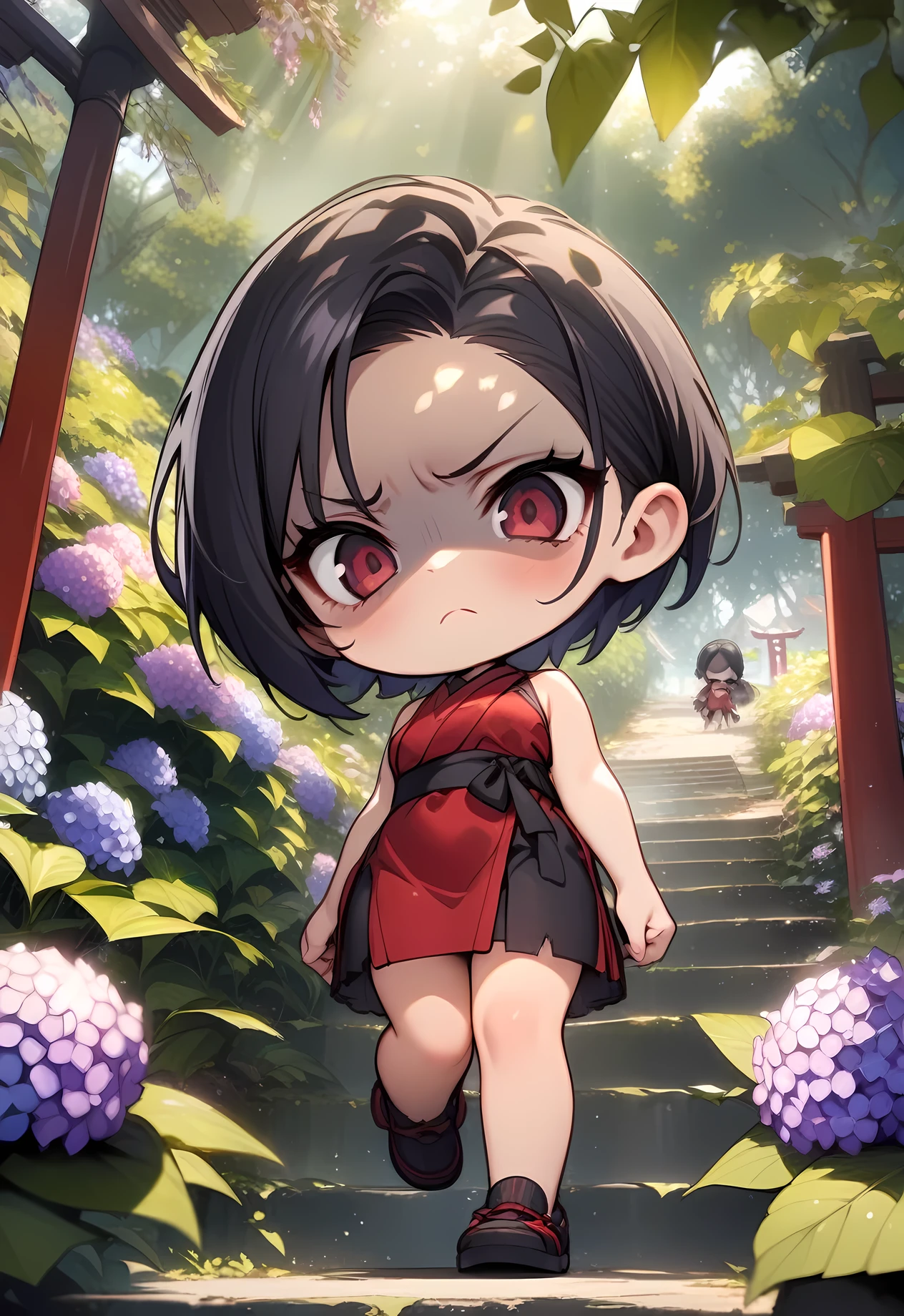 chibi, masterpiece, best quality, very aesthetic, absurdres, 1girl, full_body,ada wong(resident evil),  1girl, short hair,black hair, hair behind ear,red dress,,Wallpaper Fusion, dappled sunlight, day, flower, hydrangea, leaf, light rays, nature, outdoors, path, plant, purple flower, scenery, stairs, sunlight, torii, tree, wisteria,from below, contempt, disgust,looking at viewer,frown,shaded face,,