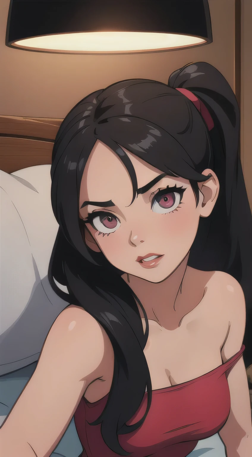 (((masterpiece))), HD 4k res image, no blur, Violet Parr possessed by perverted spirit, horror theme, in a creepy bedroom, night, evil smile, pleasure face, satisfied, glowing evil red eyes, long black hair, hairband, slender con body, small breast, hntai, nsfw, , sweating, blushing, naked, prostituting, sx, cowgirl position, cum, pov, on bed, on top of nman