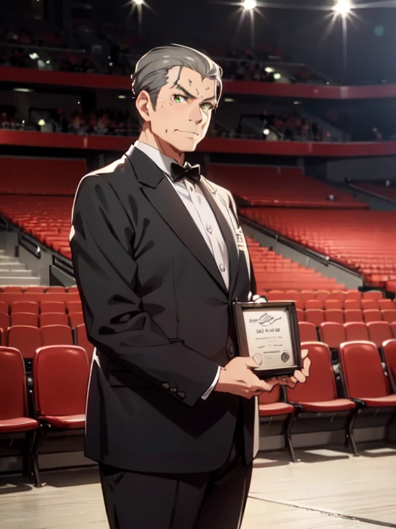 (Award-Winning Moment), (Oishikuraudo), ((fat)), plump, old, wristwatch, grey hair, hair slicked back, green eyes, 1 boy, (Award Ceremony), move, Award Announcement, audience, applause, tuxedo, ((Platinum Trophy)), (Luxury venue)