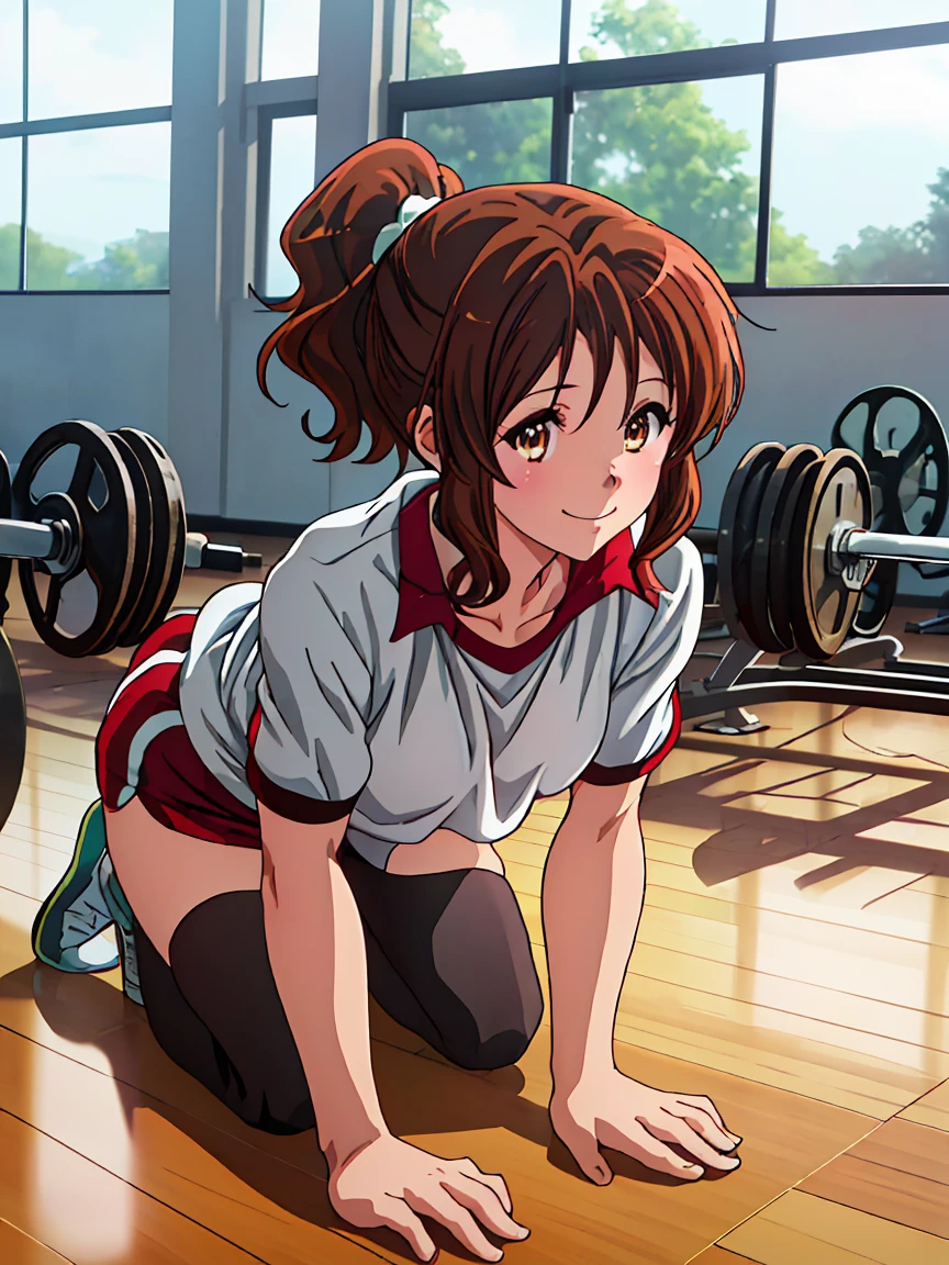 (figure:0.8), Highly detailed face, Perfect lighting, Highly detailed CG, (Perfect hands, Perfect Anatomy),High resolution,Perfect Anatomy,Cinema Lighting,Anime key visual,Highly detailed skin,super detailed eyes,White skin ,Highest quality, masterpiece, Expensive, alone, {Nakagawa_Natsuki_Euphonium Sound:1.15}, brown_hair, ponytail, length_hair, purple_eye ,smile  ,(((Black Bloomers, School, Gym shirt, White T-shirt, Gym suit, Photo of girl in wooden floor School gym room))),On all fours,Crawl, (Perfect hands, Perfect Anatomy),